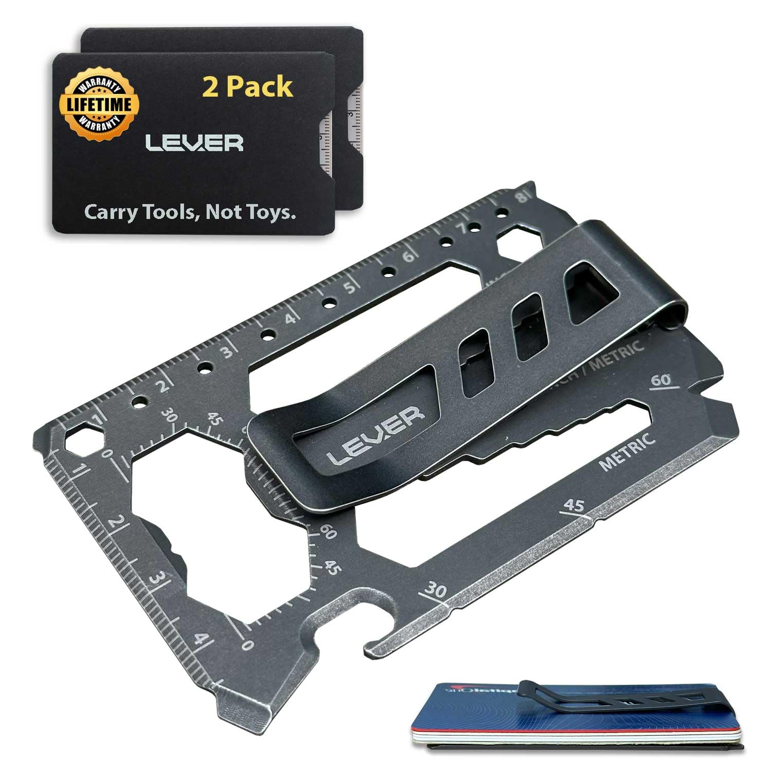 ابزار Lever Gear Toolcard Pro با کلیپ پول - 40 در 1 ابزار چندمنظوره کارت اعتباری - کارت کارت اعتباری استیل ضدزنگ حداقلیست و کلیپ پول (2، Stonewash) 2 Stonewash