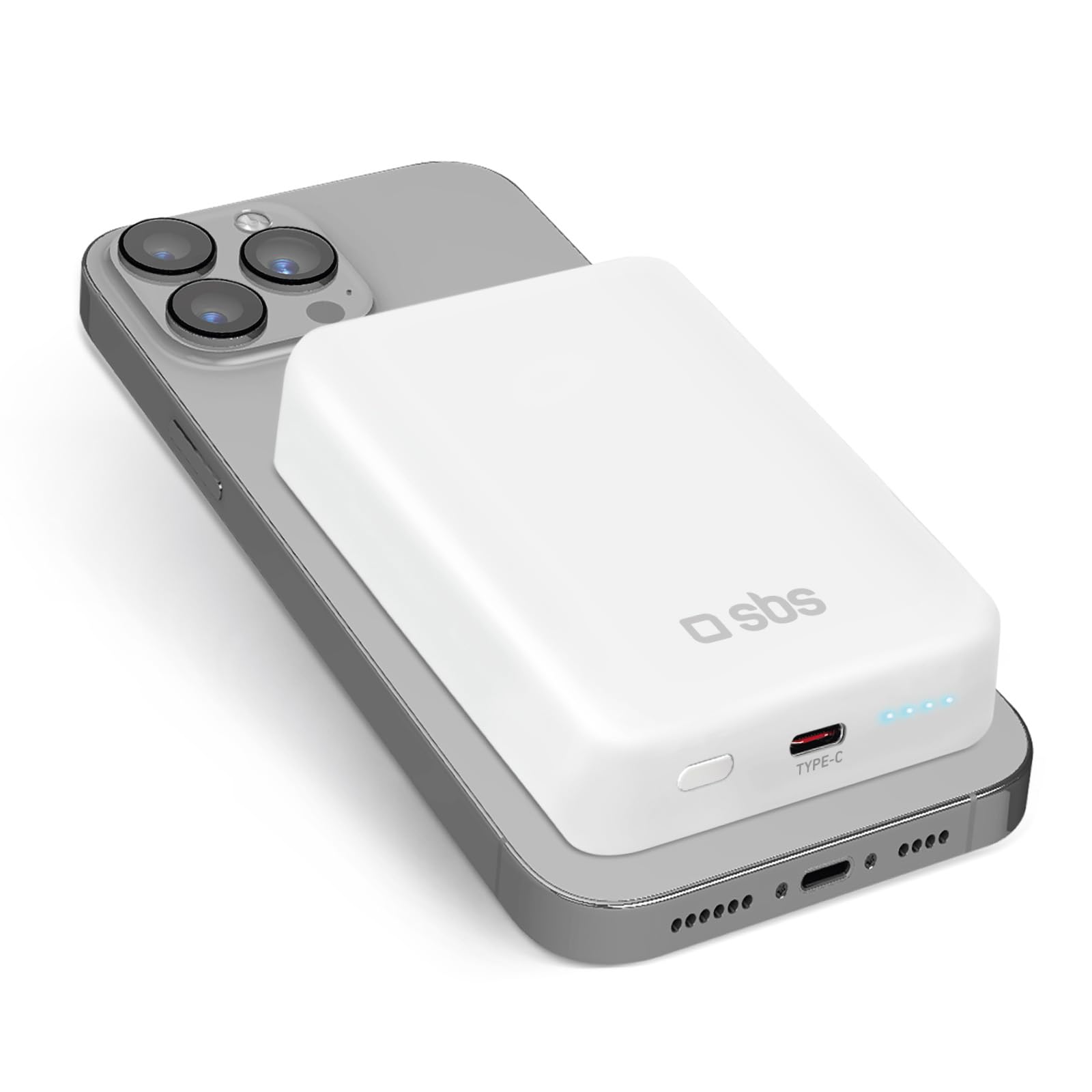 باتری پک پاور بانک SBS 10000mAh، قابلیت شارژ بی‌سیم مخصوص مگ‌سیف، پورت USB-C ورودی و خروجی، وضعیت LED یونیورسال برای آیفون سامسونگ شیائومی اپو، قابل حمل برای استفاده در هواپیما - سفید