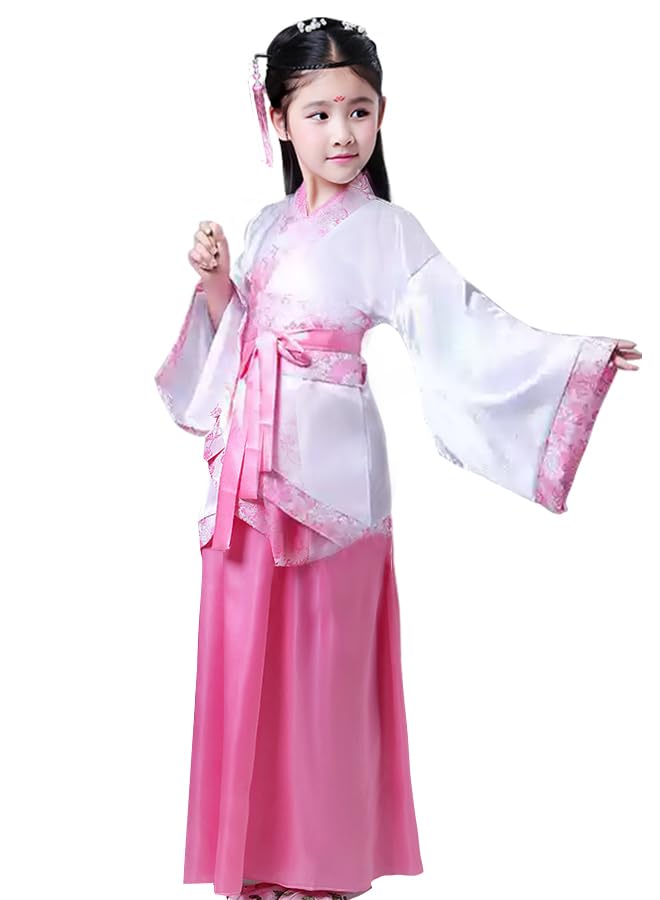 girl Hanfu Traditional Dress Chinese Tang Dynasty kids Performance Cosplay Costume Clothing white+rose 130