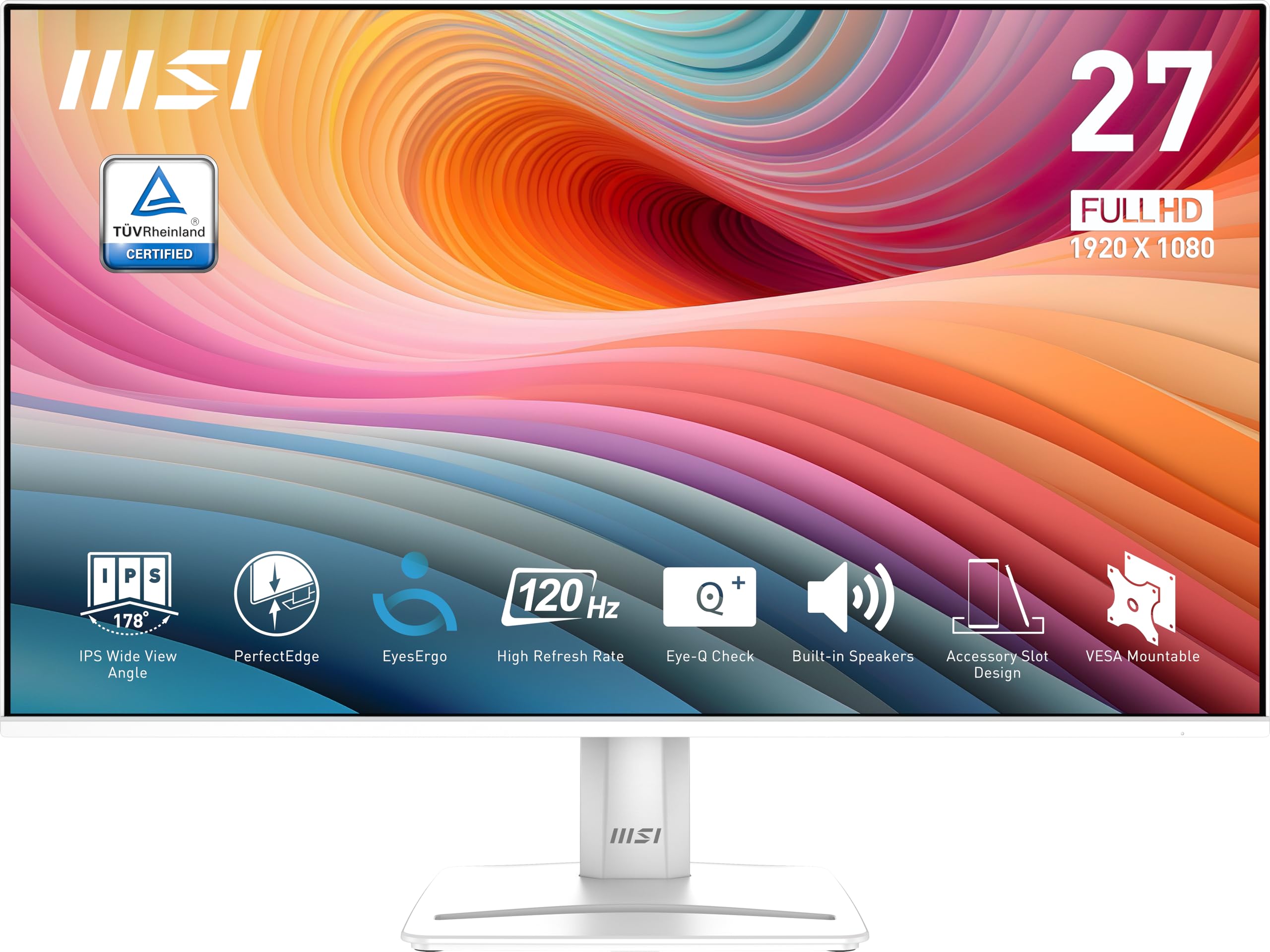 مانیتور MSI PRO MP275W E2 27 اینچی IPS 1920 × 1080 (FHD) با نرخ نوسازی 120Hz، Free-Sync، پورت HDMI، DisplayPort، پورت VGA، قابل نصب بر روی VESA، تیلت، بلندگو،‌ بدون حاشیه 4‌طرفه و زمان پاسخگویی 1ms، رنگ سفید
