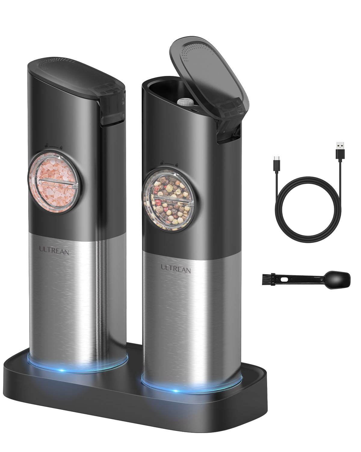 سیلندر فلزی نمک و فلفل Ultrean Gravity، قابل شارژ از طریق USB با پایه شارژ دوگانه، قابل تنظیم درجه خردایش، ساخته شده از استیل ضد زنگ، عملکرد تک دستی، درپوش اتوماتیک و نور LED نقره‌ای