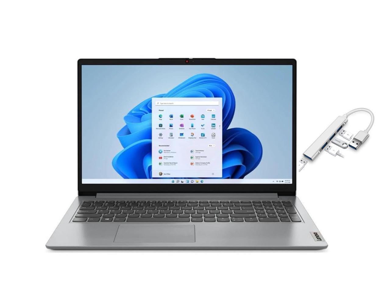 لپ تاپ Lenovo IdeaPad 1i 15.6 اینچ با صفحه نمایش فول اچ‌دی، پردازنده اینتل Celeron N4500، گرافیک اینتل یواچ‌دی، وبکم 720P، بلوتوث ۵، رنگ خاکستری، ۴ گیگابایت رم، ۱۲۸ گیگابایت حافظه‌ی اس‌استی‌دی، ویندوز ۱۱ اِس. همراه با هاب USB 3.0.