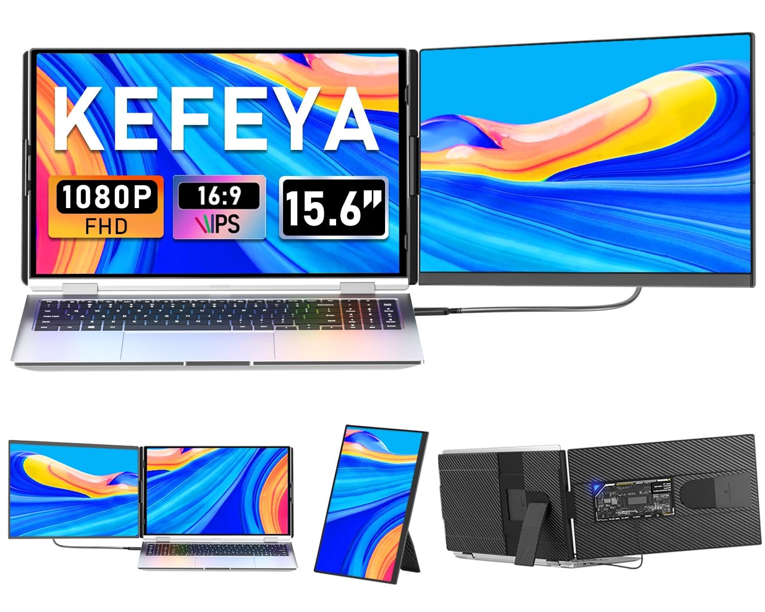 KEFEYA نمایشگر لپ تاپ، 15.6 اینچ FHD 1080P IPS افزایش دهنده نمایشگر لپ تاپ قابل جدا شدن، نمایشگر قابل حمل برای لپ تاپ های 13-17.3 اینچی با نور تنفسی، پلاگ اند پلی برای ویندوز/مک/اندروید/سوییچ/پلی استیشن 5 15.6 اینچی صفحه دوگانه