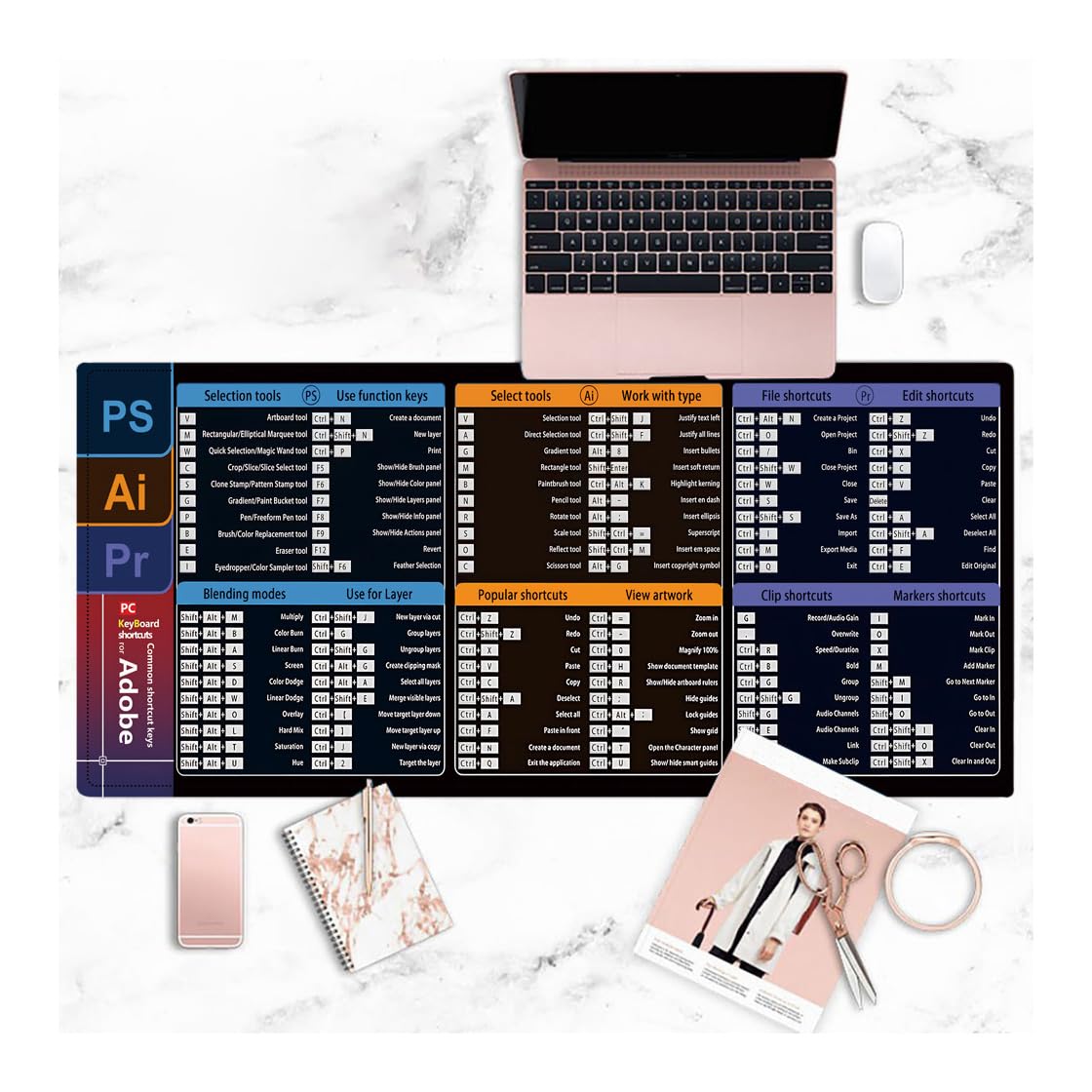 کلیدهای میانبر Pr، Ps، Ai Mouse Pad - فریب بزرگ گیمینگ، کیبرد اداری کامپیوتر، متریال وسیع Pr/Ai/Ps