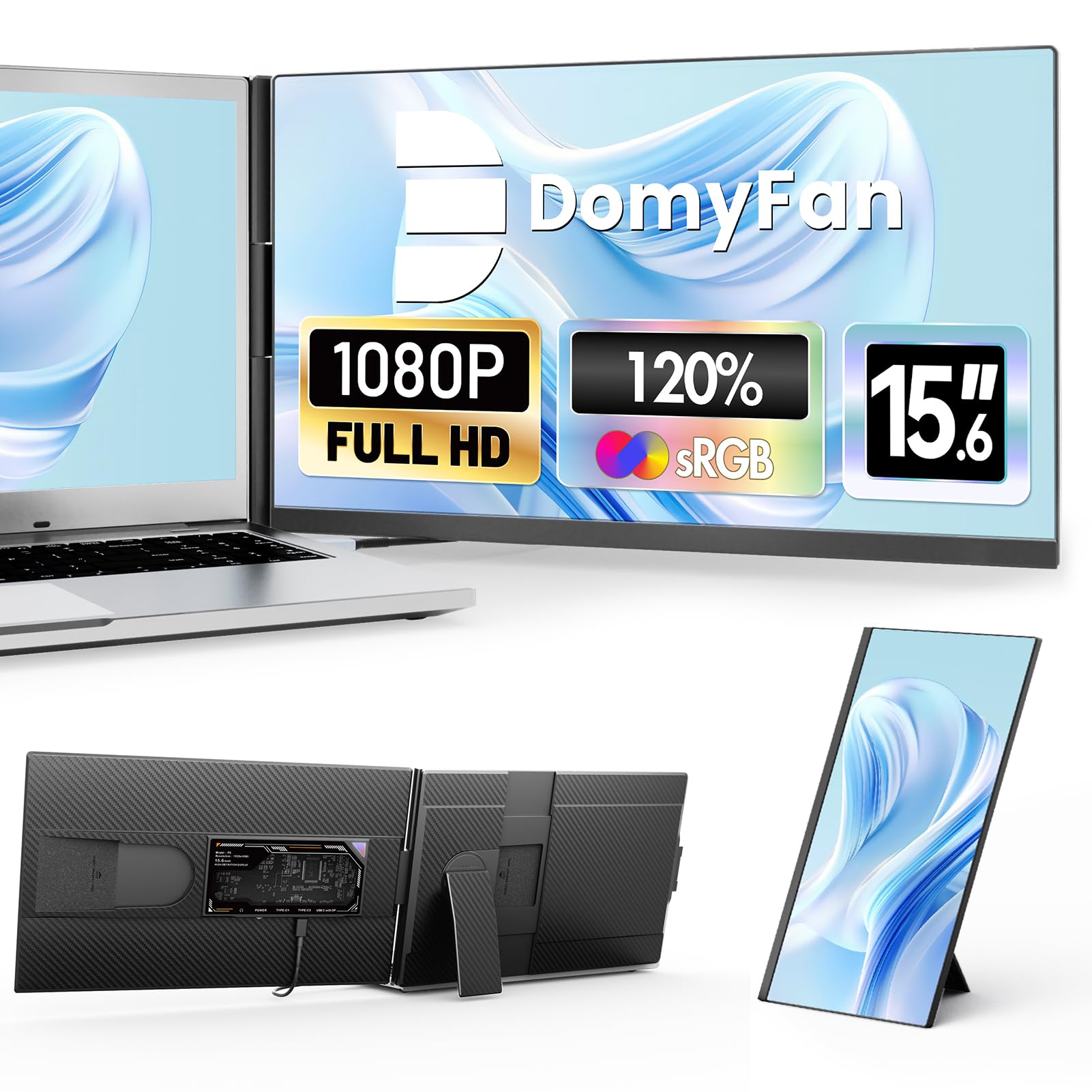 مانیتور قابل حمل برای لپ تاپ‌ها 13-17 اینچی با پورت HDMI/USB-A/Type-C Plug-Play برای ویندوز، مک، اندروید به ابعاد 15.6 اینچ