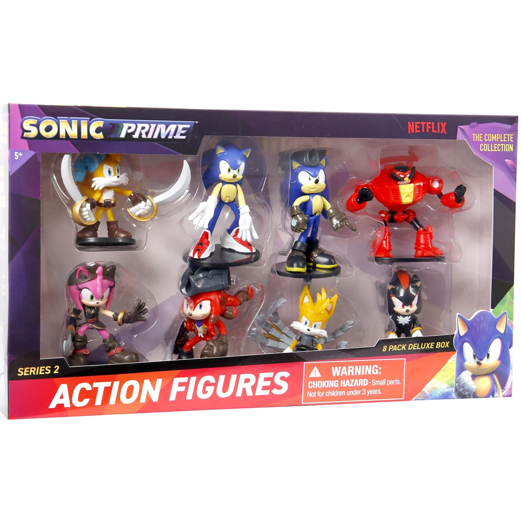 محصولات Sonic Prime: جلوه‌های ویژه V2-8 - 8 تکه عروسک قابل حرکت 3 اینچی روی پایه‌ها، باکس پنجره‌ای لوکس، مجموعه Netflix، مجاز، مناسب برای سنین 3 سال به بالا