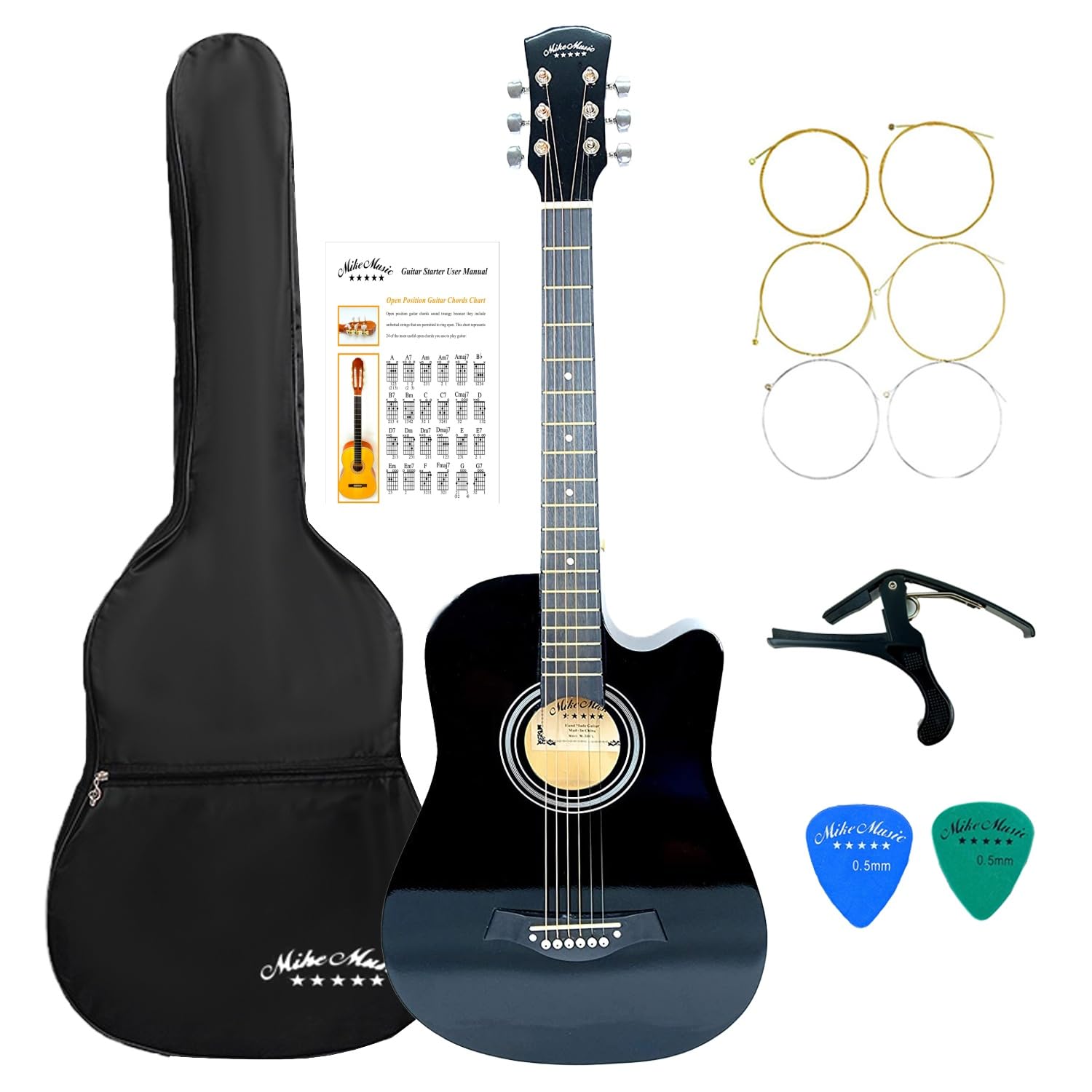 {
  "برند": "Mike Music",
  "نام": "گیتار آکوستیک 38 اینچ برای مبتدیان",
  "رنگ": "سیاه",
  "جزئیات": "بسته حاوی گیتار، کوله‌ی نگهدارنده، کاپو، پیک‌ها، زه‌ها و کتاب راهنمای آکوردها",
  "سایز": "38 اینچ",
  "پوشش": "لاک سیاه",
  "توضیحات": "با این برنامه یاد بگیرید، به راحتی بازی کنید"
}