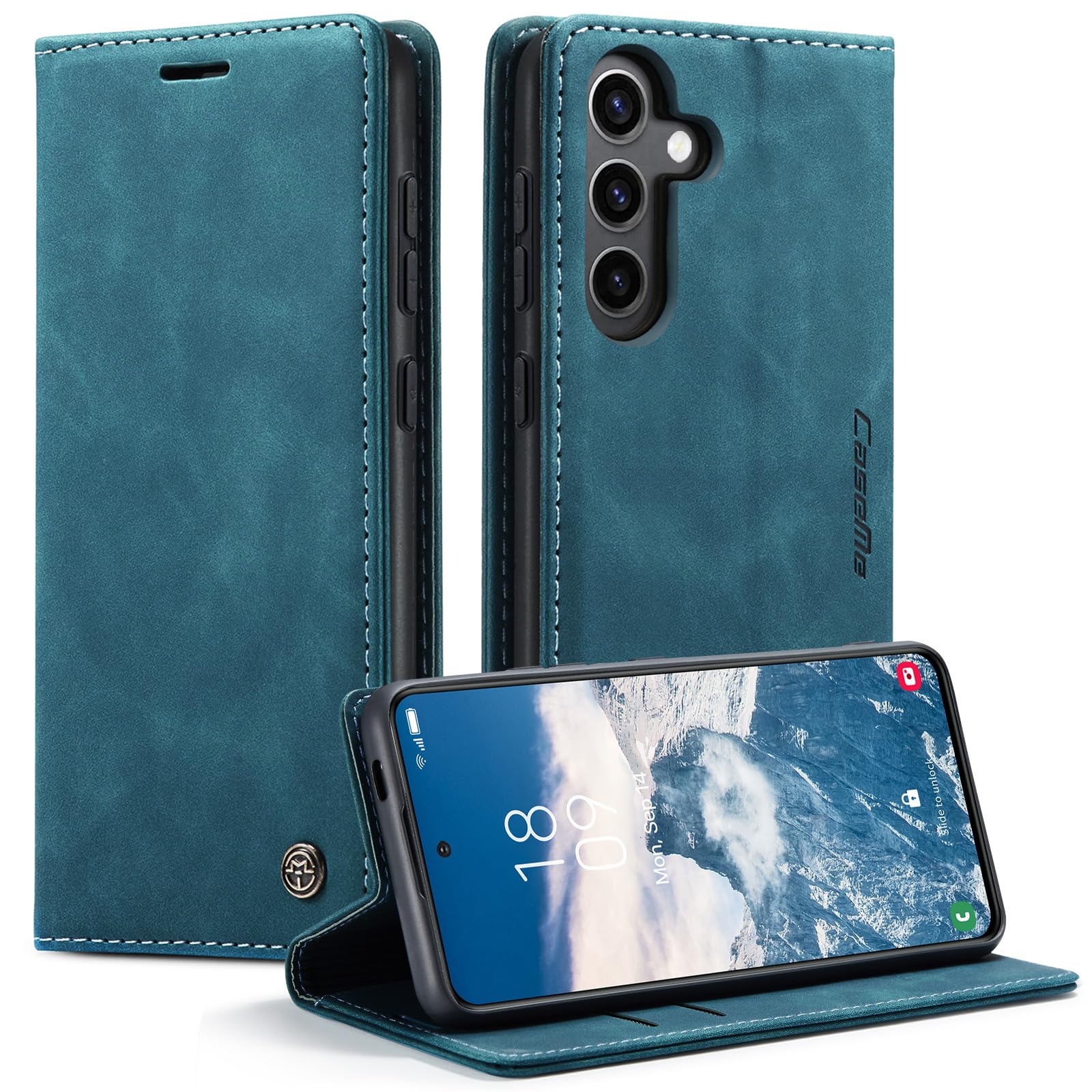 برای کاور Samsung Galaxy S24 FE، کاور مغناطیسی تمام بدنه با قابلیت محافظت در برابر ضربه، کاور فلیپ چرم PU با قابلیت مخفی کردن استند، محافظ کیف پولی آبی Samsung S24 FE