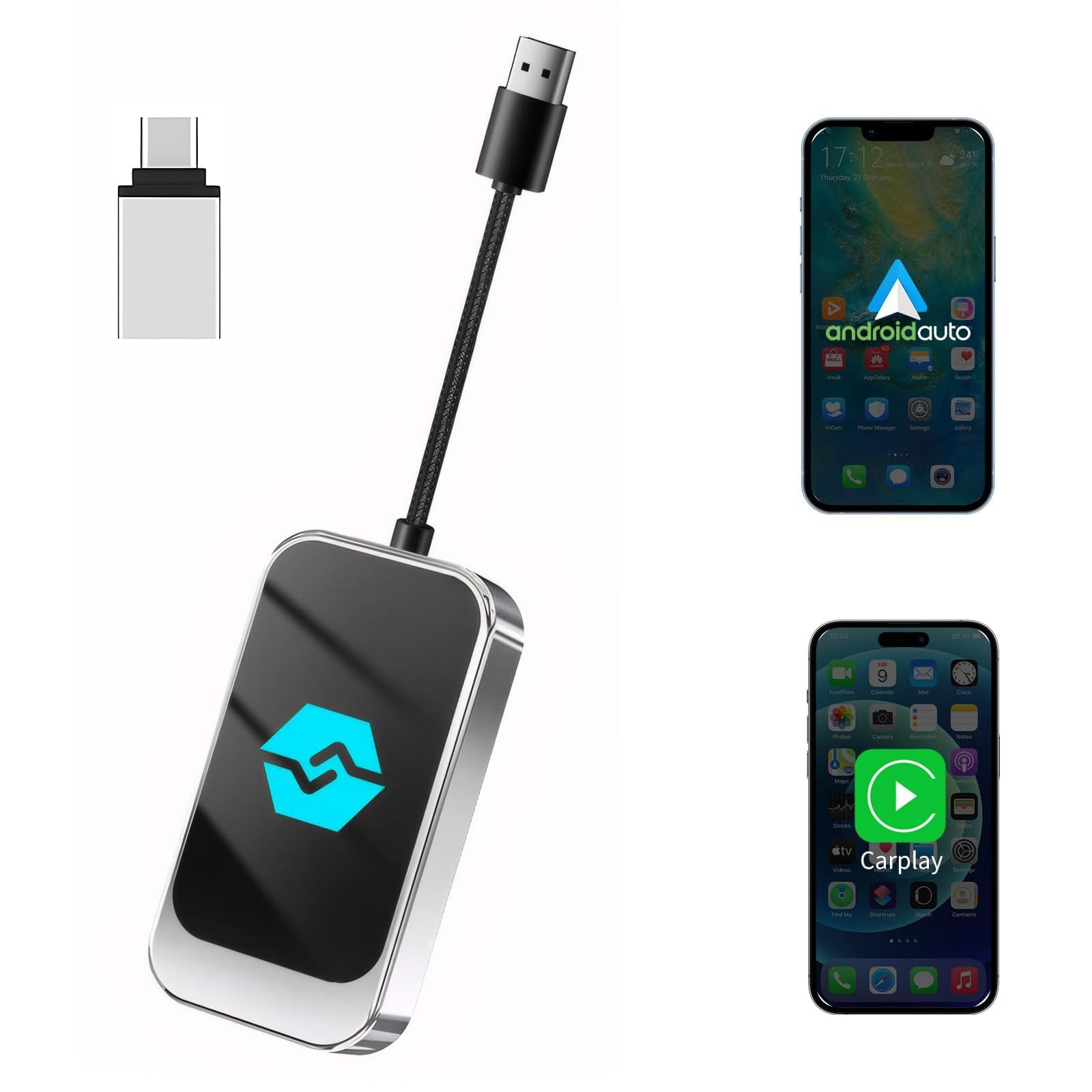 آداپتور بی‌سیم 2 در 1 اندروید اتو – اپل کارپلی، مبدل بلوتوث و وای فای، دانگل، پشتیبانی از اتصال پایدار و سریع با کم تاخیر، سازگار با 800+ مدل خودرو، قابل استفاده با پورت USB-A و تایپ-سی برای آی‌اواس و اندروید