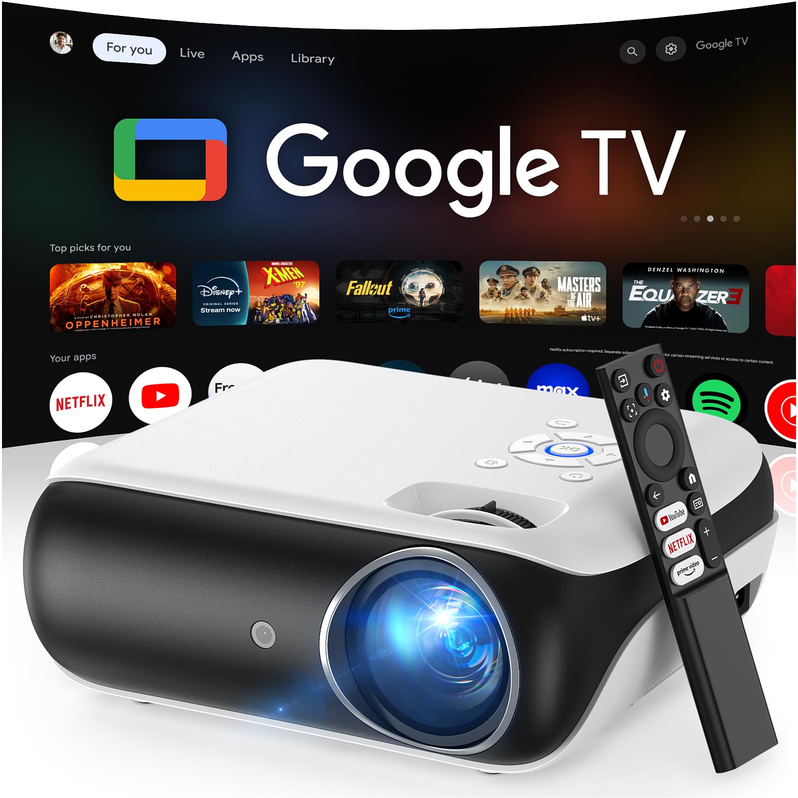 پروژکتور HAPPRUN، پروژکتور Google TV با وای فای و بلوتوث، پشتیبانی از 4K، دریافت لایسنس از Netflix، HDR 10+، پشتیبانی از نمایشگر فیلم فضایی ۱۰۸۰P طبیعی، پروژکتور سینمای خانگی هوشمند، پشتیبانی از Google Cast و Airplay Google TV System