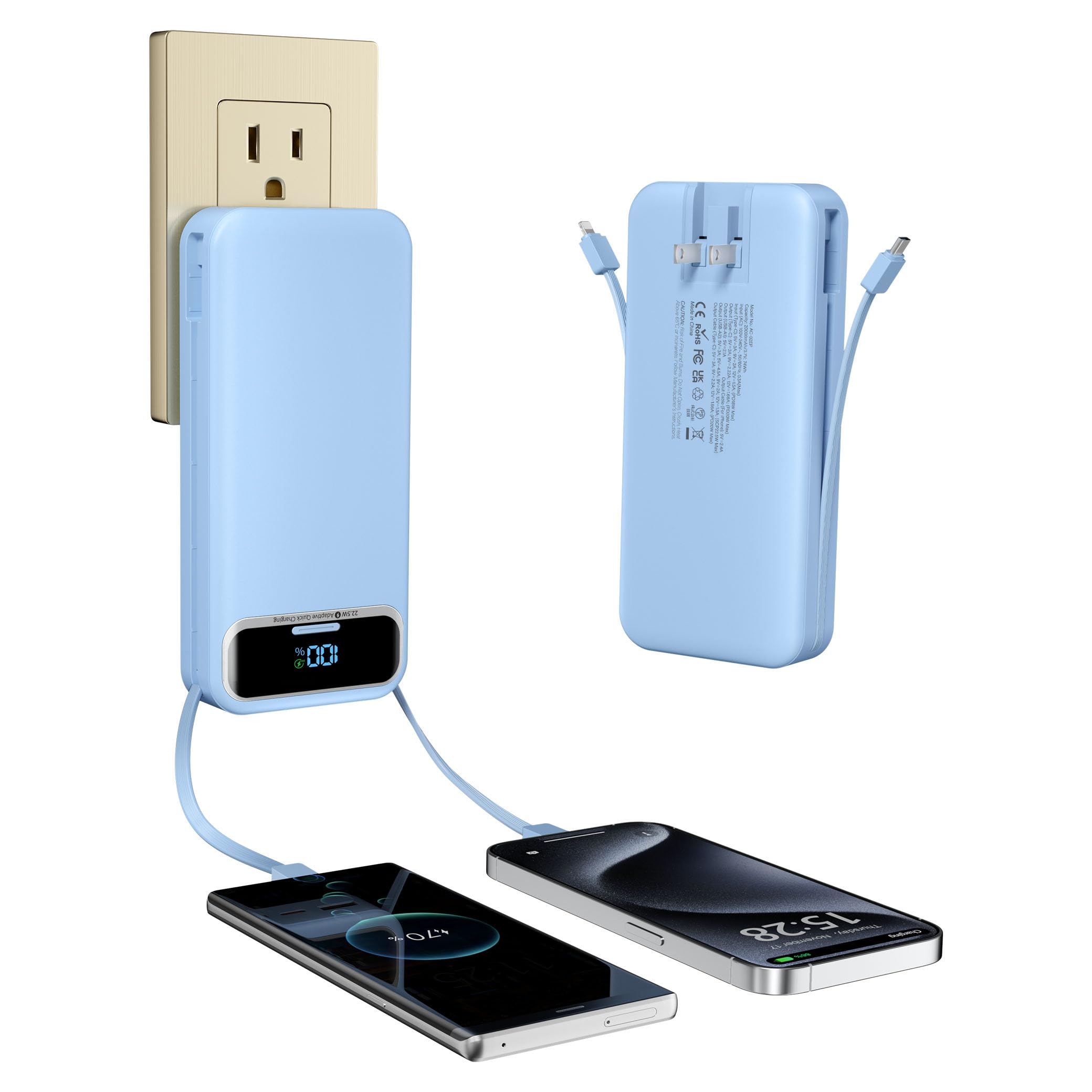 شارژر قابل حمل Power-Bank با کابل‌های داخلی و پلاگ AC دیواری - 20000mAh PD 20W شارژ سریع برای آیفون، اندروید، USB-C، باتری جانبی قابل شارژ برای تلفن همراه، کابل‌های نوع C، مسافرتی آبی