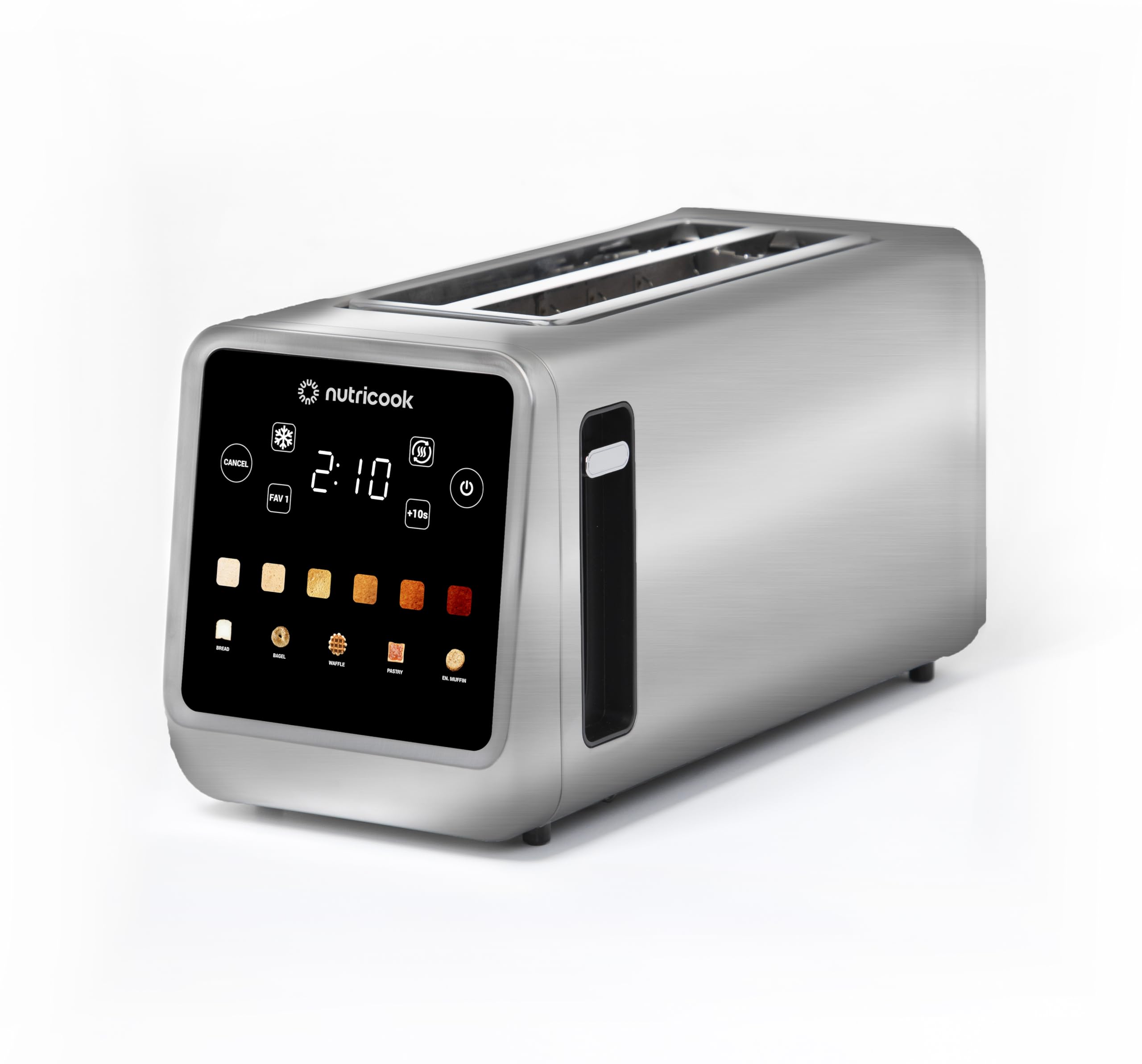 Translate the following text to Persian: Nutricook 4 Slice Smart Toaster with Touch Screen, all in one for Bread, Bagel, Waffle, Pastry and English Muffin, reheat, Defrost & Favorite button, Stainless Steel,1450W, 2 yrs warranty,NC-TS401
