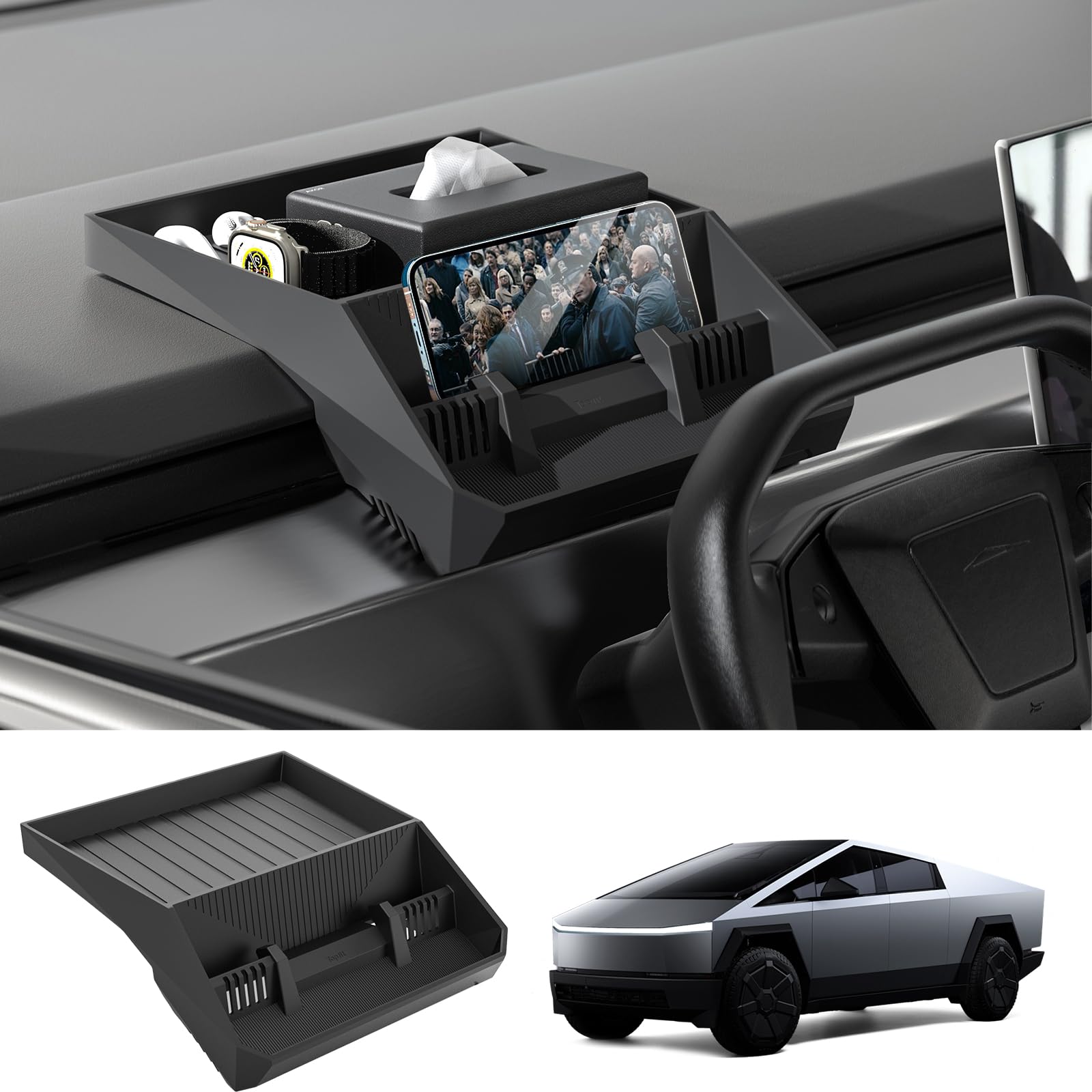 برای Tesla Cybertruck 2024 سازماندهی مرکزی - صیقل دهنده پشتهای نهفته ، کمد داشبورد ، نگهدارنده عینک خوراکی سیلیکون ، لوازم جانبی داخلی سیاه CT01