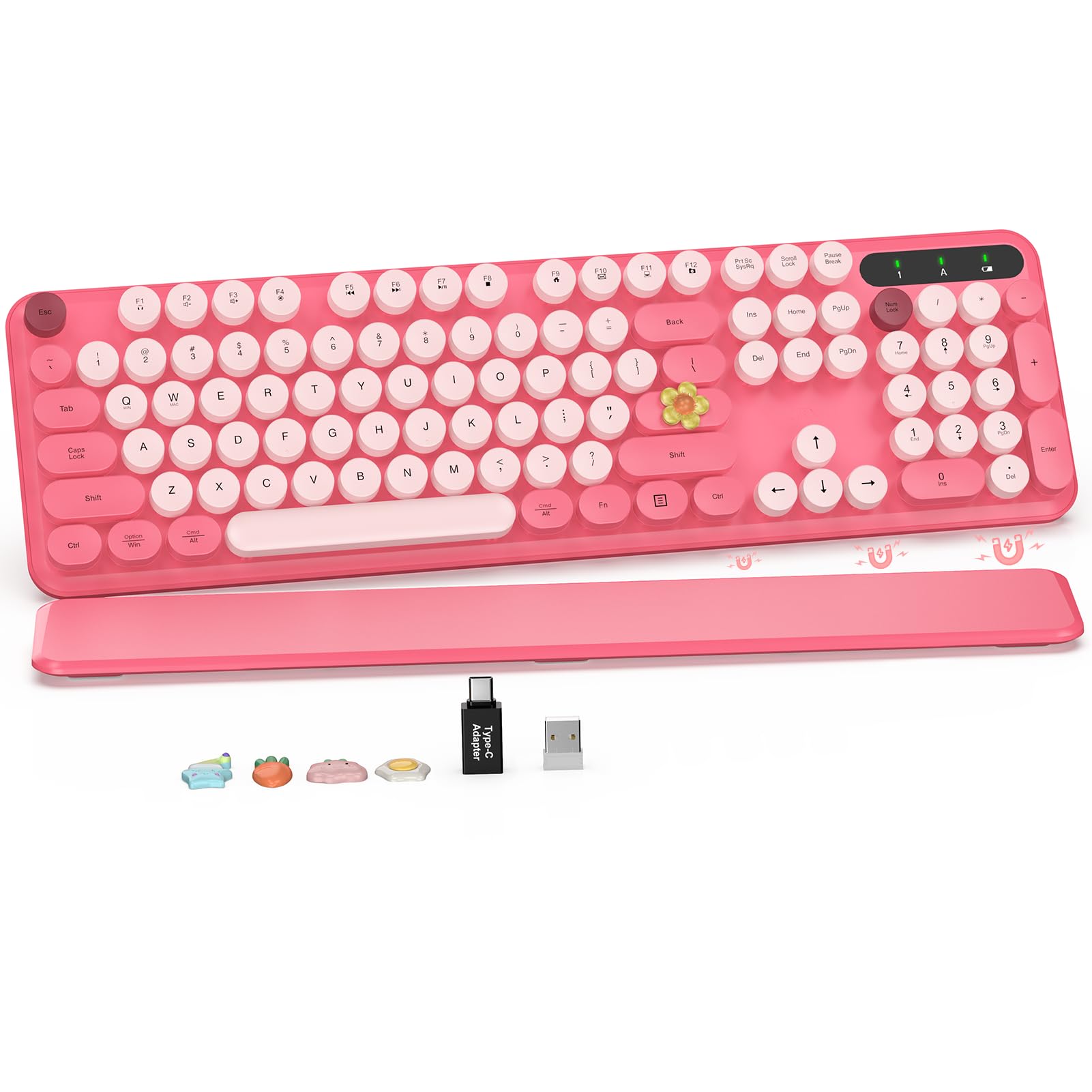 کیبورد بی‌سیم - Round Keycaps، کیبورد تایپ‌رایتر با قسمت دسته کلید قابل جداشدن، حالت خواب، پایه‌های تاشو، کیبورد کامپیوتر بی‌سیم Full-Size 2.4GHz برای ویندوز، مک، کامپیوتر شخصی، لپ تاپ (رنگارنگ-صورتی)