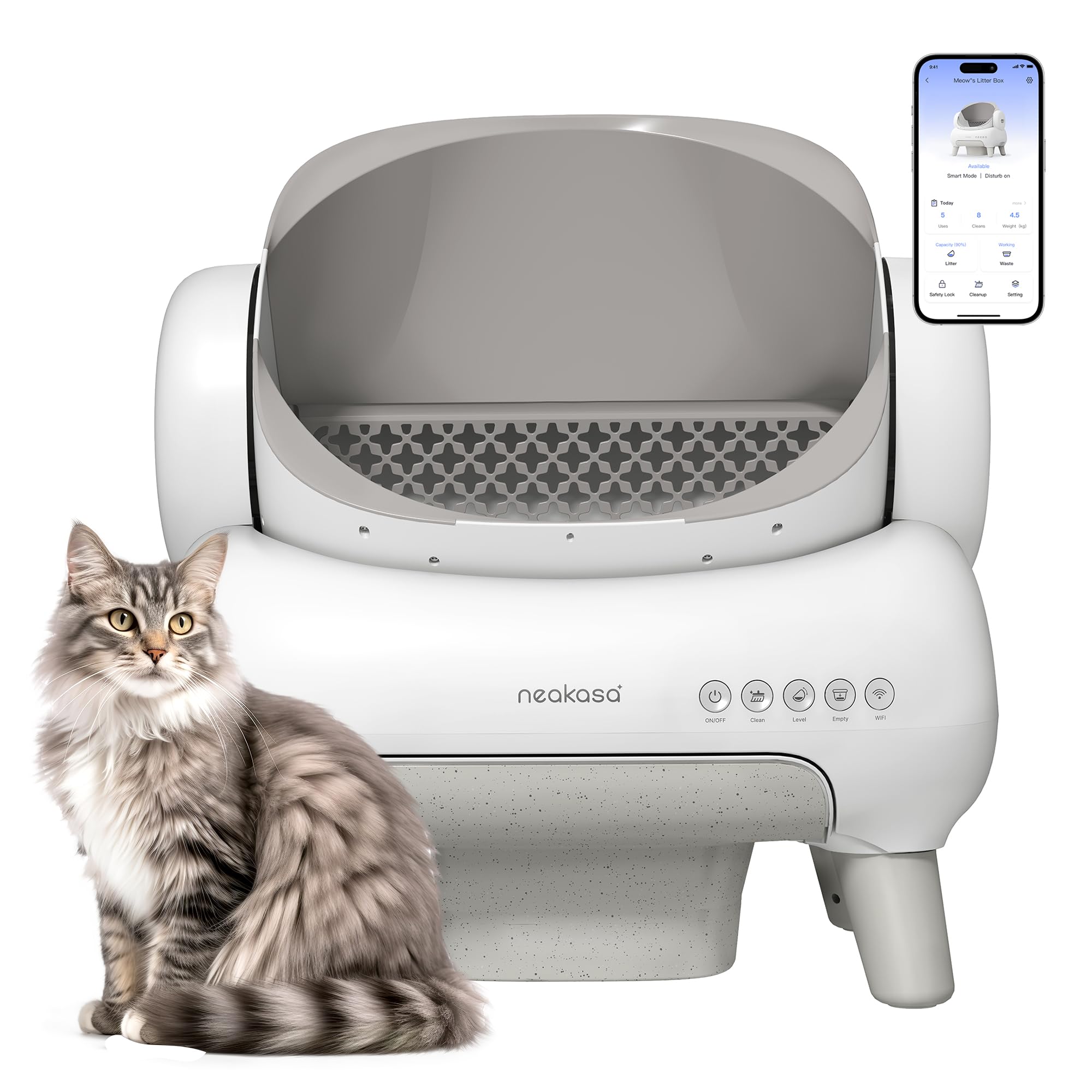 ظرف پوشای گربه Neakasa M1 Lite با قابلیت خودتمیز کردن و باز شدن بالا، قفسه‌ی مدرن گربه با کنترل از طریق اپلیکیشن، محافظت ایمنی، 1 رول کیسه زباله رنگ سفید مروارید