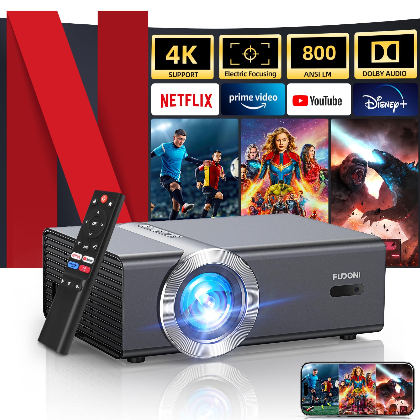 پروژکتور هوشمند 4k FUDONI با صدای دالبی، WiFi و بلوتوث، فوکوس الکتریکی و کی‌استون خودکار، 1080P نیتیو 800 ANSI ماکس 300 اینچ، زوم 50٪، دارای برنامه‌های Netflix/YouTube/PrimeVideo/داخلی سیاه