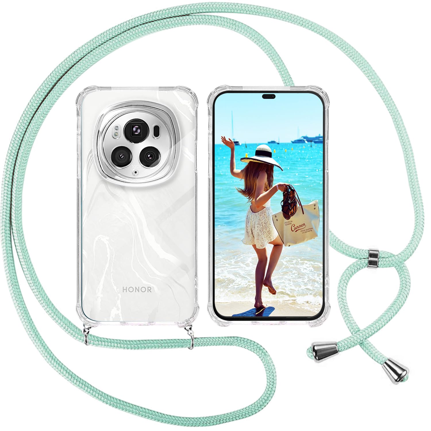 کاور شفاف با لنیارد برای Honor Magic 6 Pro، کیس یقه گردن با بند شانه و بند گردن سبک و نازک از جنس TPU نرم ضد ضربه ضد خش غیر لغزنده، سبز