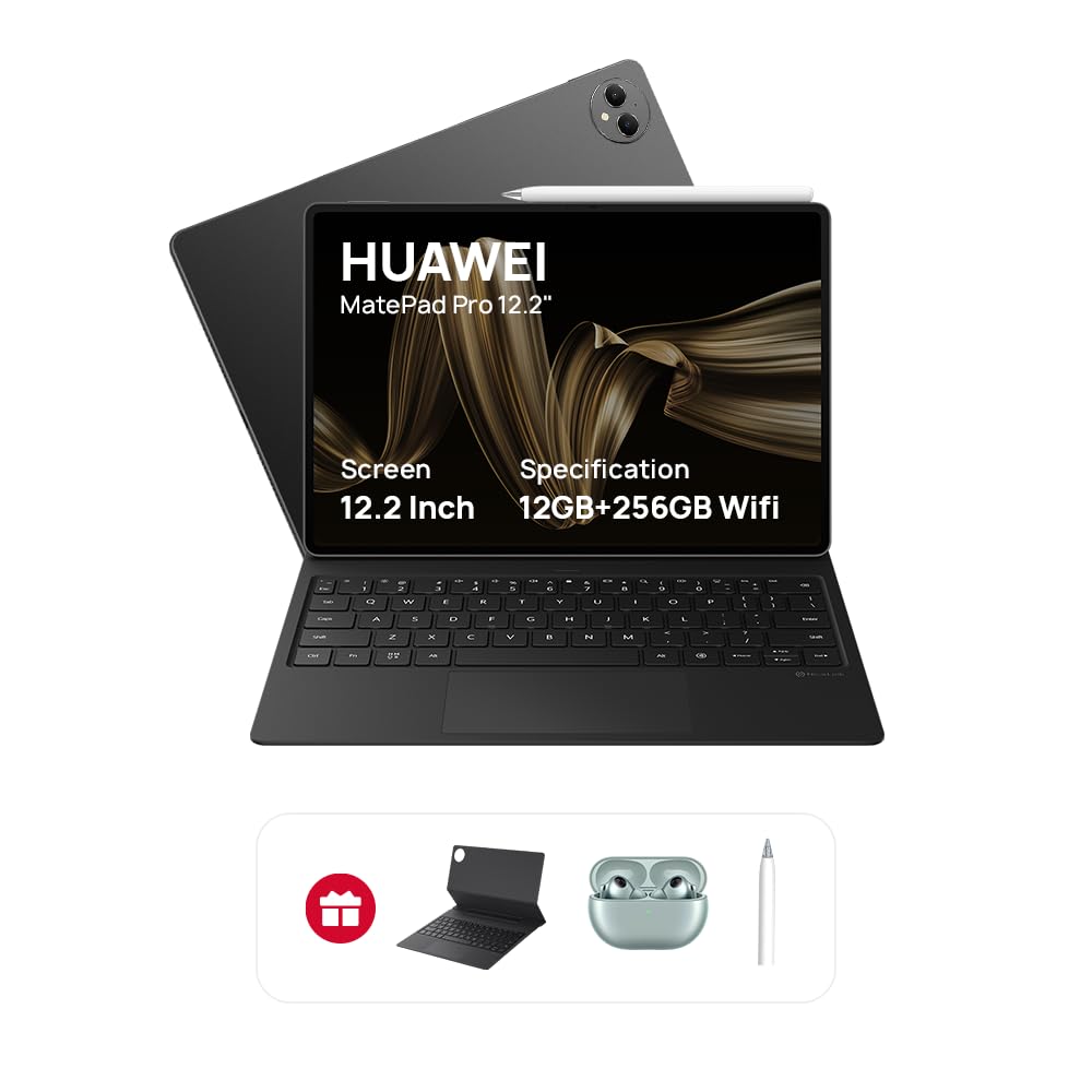 تبلت HUAWEI MatePad Pro 12.2 اینچی، نمایشگر OLED FullView 144 هرتز، باتری بزرگ، شارژ سوپر، وای فای، 12 گیگابایت + 256 گیگابایت، کیبورد HUAWEI Glide، اپلیکیشن حرفه ای GoPaint، قلم M-Pencil، مشکی + هدفون هدیه Freebuds Pro3