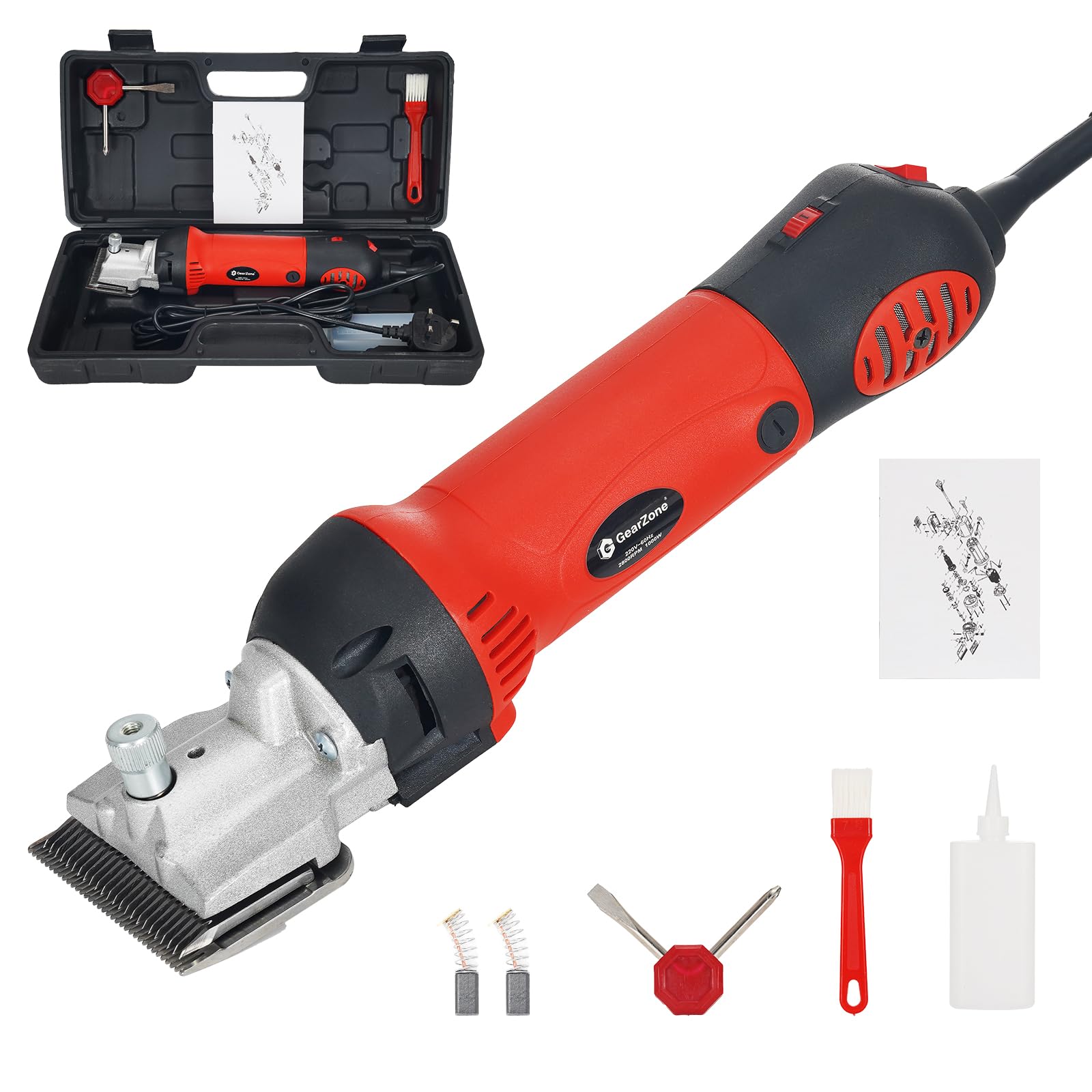 GearZone ماشین اصلاح اسب برقی – کیت پیرایش حیوانات برای اسب، اسب‌سانان، بز، پونی و گاو – ۱۰۰۰ وات، ۶ سرعت – قیچی‌های حرفه‌ای اسب همراه با لوازم جانبی و جعبه ابزار