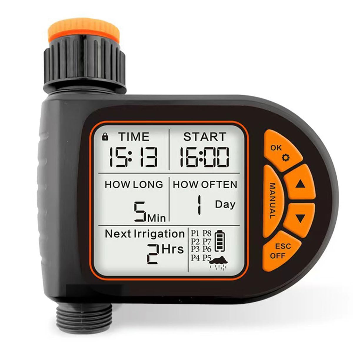 تایمر آب دیجیتال دستگاه آبیاری خودکار قابل برنامه‌ریزی بزرگ نمایشگر LCD بزرگ ضدآب IPX5 کنترلر آبپاش باغ بیرونی هوشمند سیستم آبیاری پریز هوشمند قفل کودک/تأخیر باران