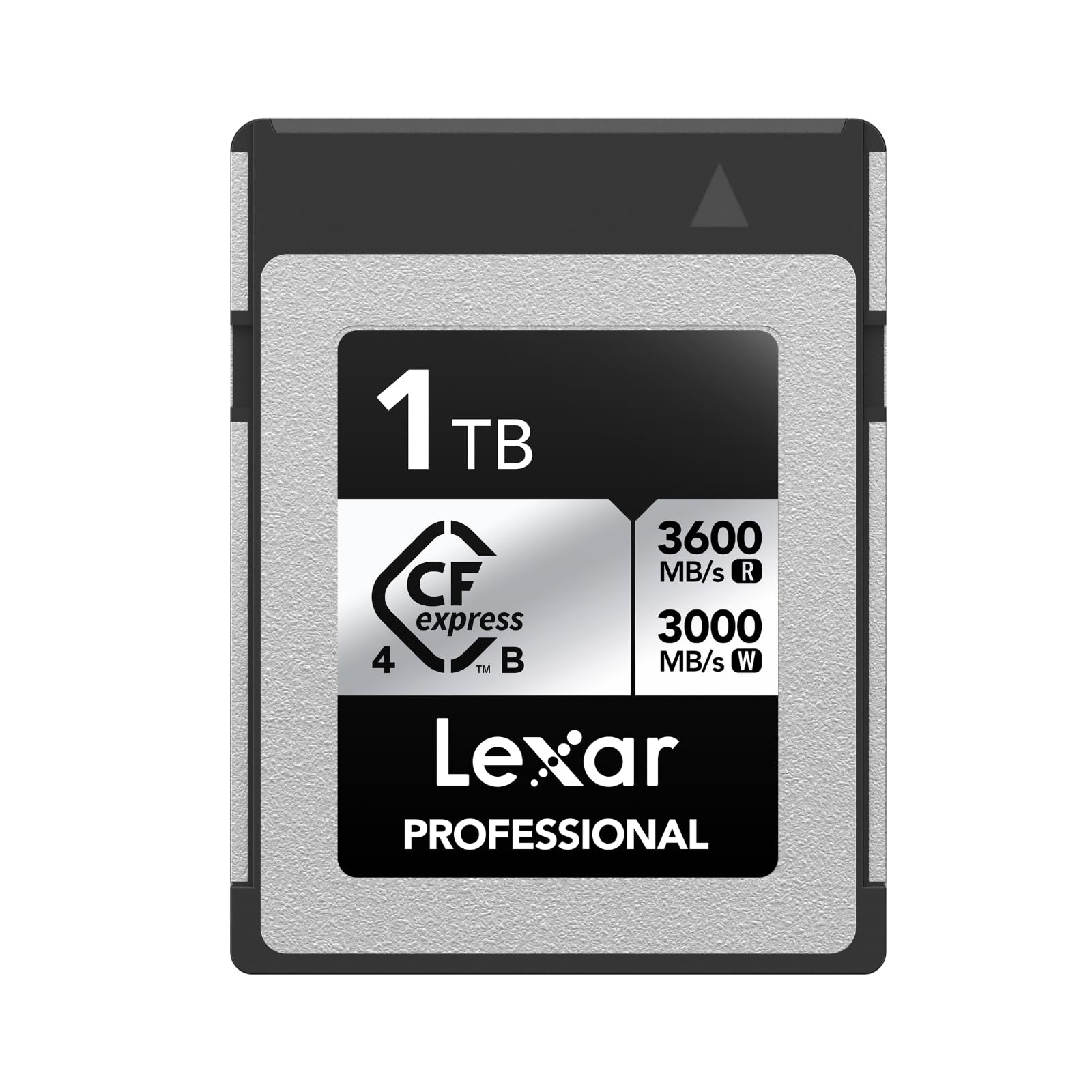 کارت حافظه CFexpress 4.0 نوع B سری نقره‌ای حرفه‌ای Lexar با ظرفیت 1 ترابایت، کارتی از نوع B که سرعت خواندن 3600 مگابایت بر ثانیه و نوشتن 2600 مگابایت بر ثانیه را پشتیبانی می‌کند، کارت CF برای فیلم‌برداری حرفه‌ای 8K Raw، کارت حافظه CF سازگار با دوربین‌های دیجیتال حرفه‌ای، سازگار با دوربین‌های XQD و CFexpress 4.0 نوع B سری نقره‌ای با ظرفیت 1 ترابایت است.