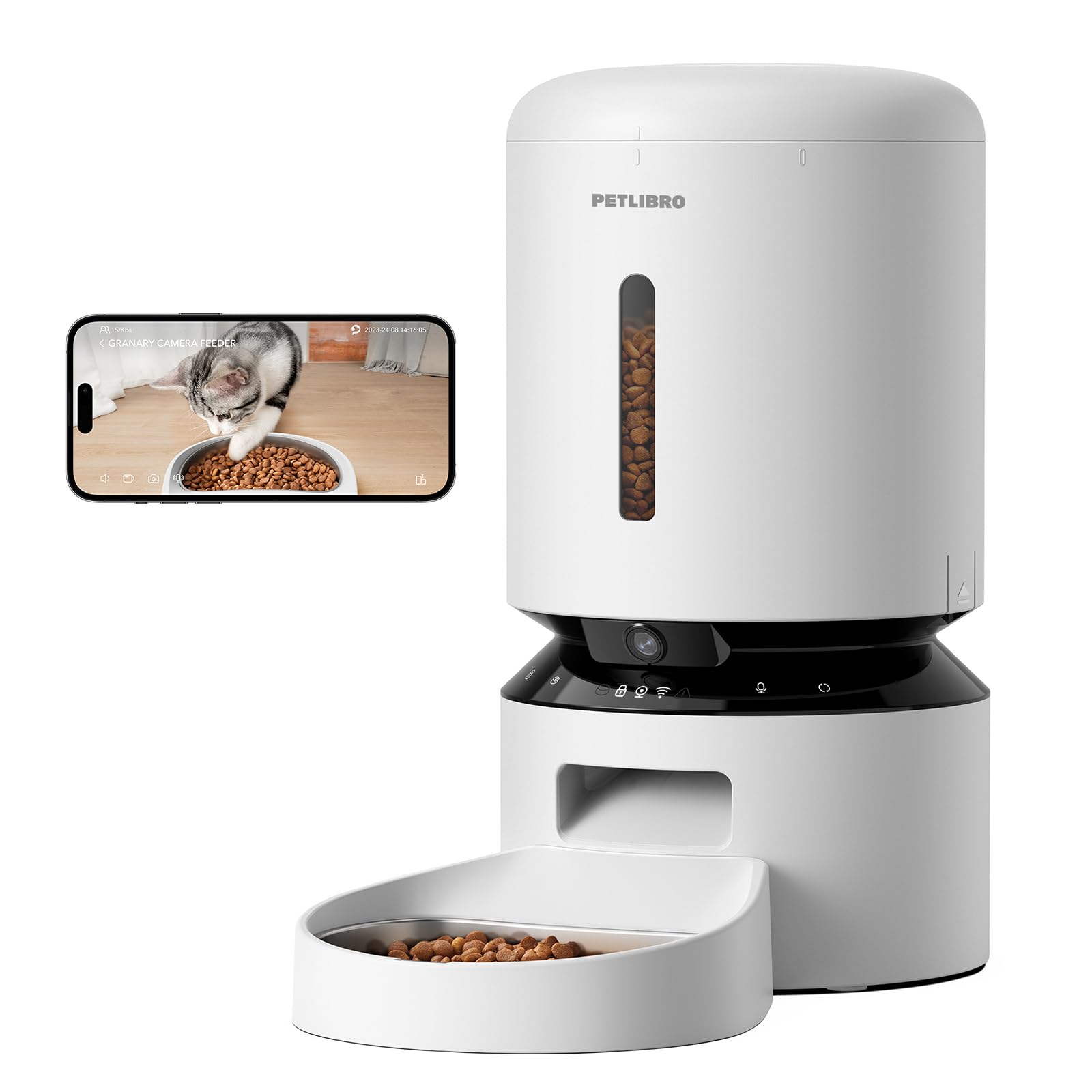 کریسی خودکار PETLIBRO با دوربین، ویدیوی HD 1080P با دید در شب، پرورشی حیوانات خانگی با وای فای 5G، صوت دو طرفه، سنسور غذا کم و مسدودیت، هشدارهای حرکت و صدا برای گربه و سگ، ظرف غذا سفید تک سینی