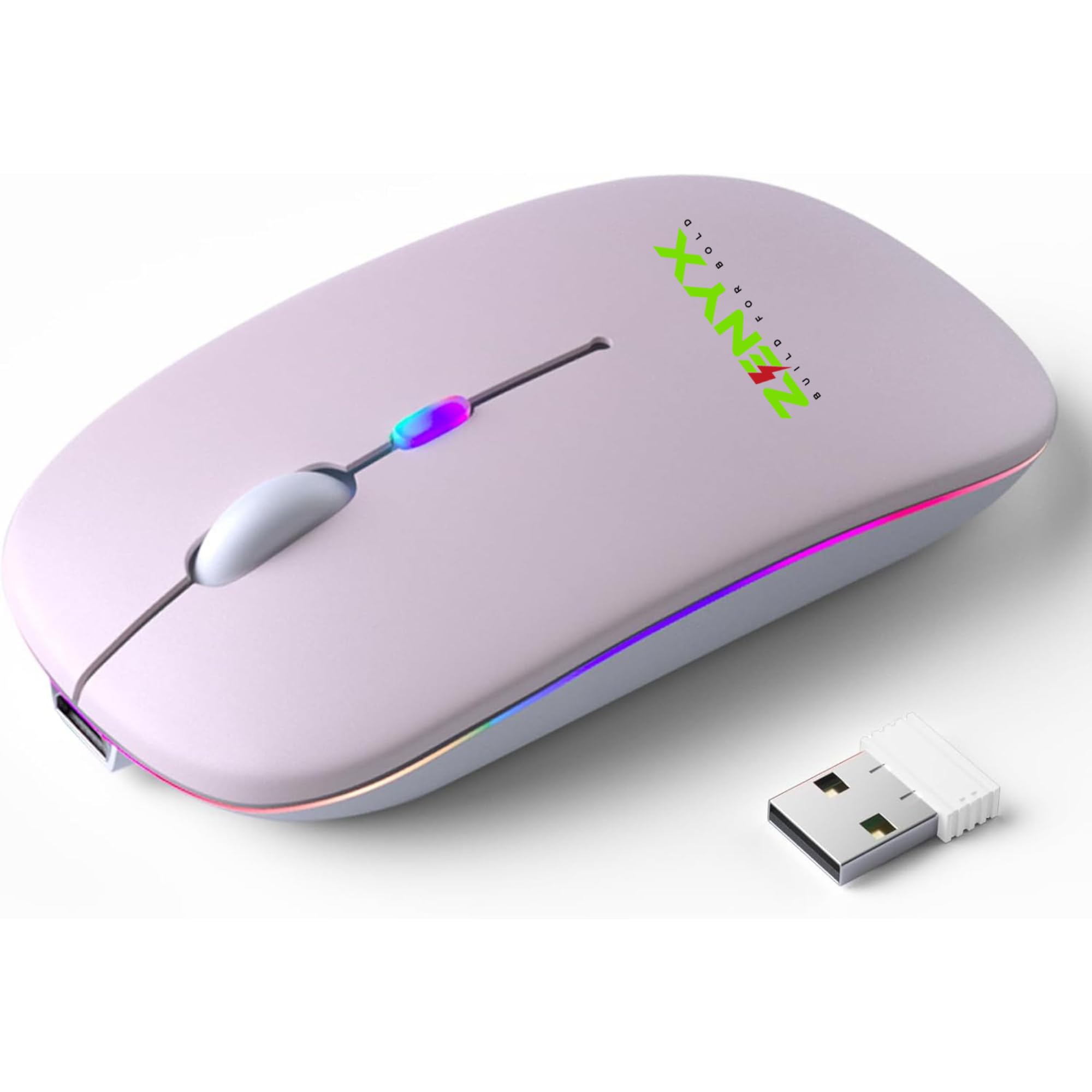 موشواره بی‌سیم قابل شارژ دو حالته Zenyx با گیرنده USB و بلوتوث ۵.۱، ۲.۴ گیگاهرتز، موشواره نازک و قابل حمل با چراغ‌های LED، موش‌های بی‌صدا که مناسب برای لپتاپ، ویندوز، مک، اندروید، کامپیوتر و ویندوز است (صورتی)