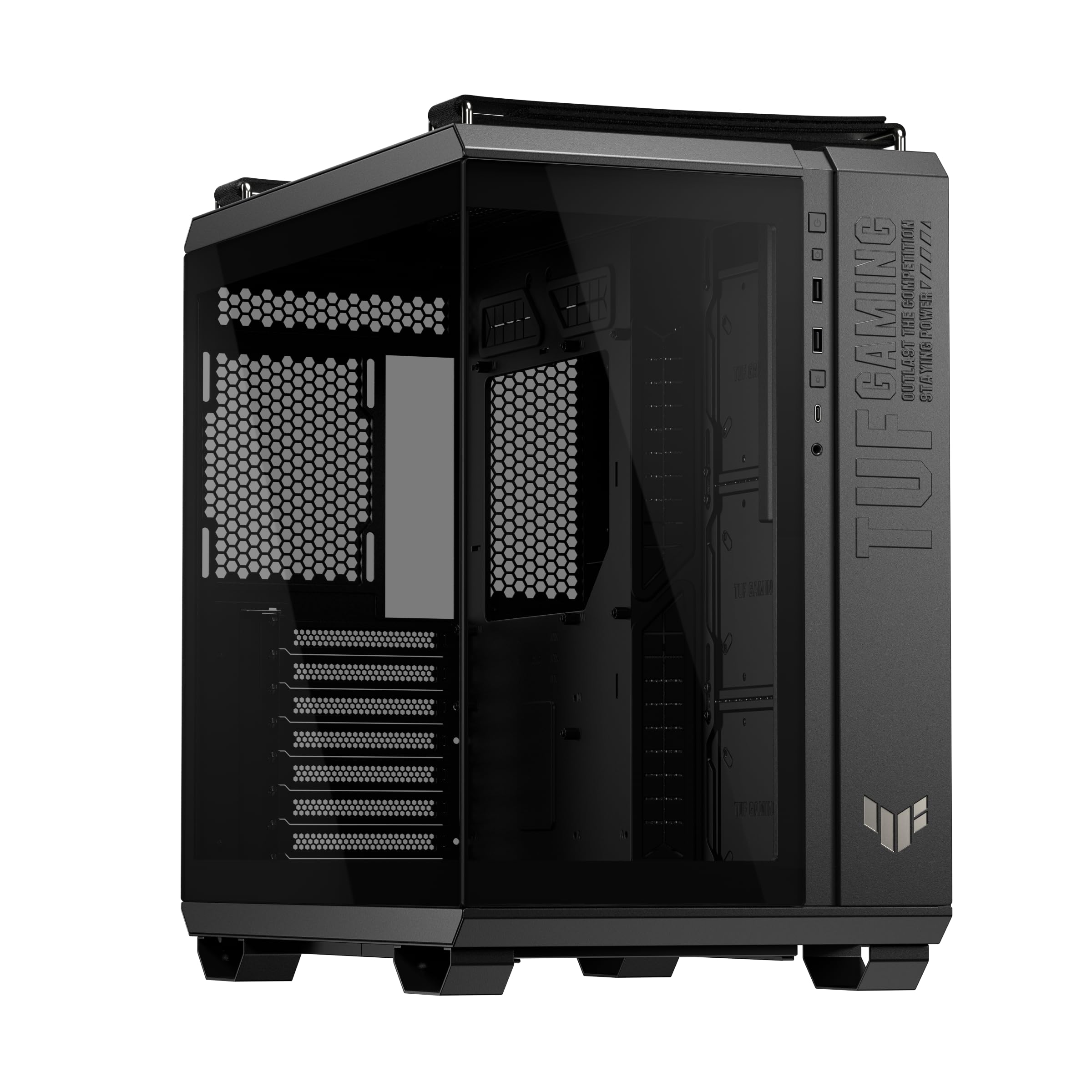 ASUS TUF Gaming GT502 Horizon ATX کیس بازی (طراحی پانورامایی بی‌انتها، دو بخش مجزا برای خنک‌کننده CPU و GPU، پنل‌های کناری بدون نیاز به ابزار، پنل جلویی با USB Type-C® با سرعت 10 گیگابیت بر ثانیه) مدل مشکی GT502|Horizon|Boundless