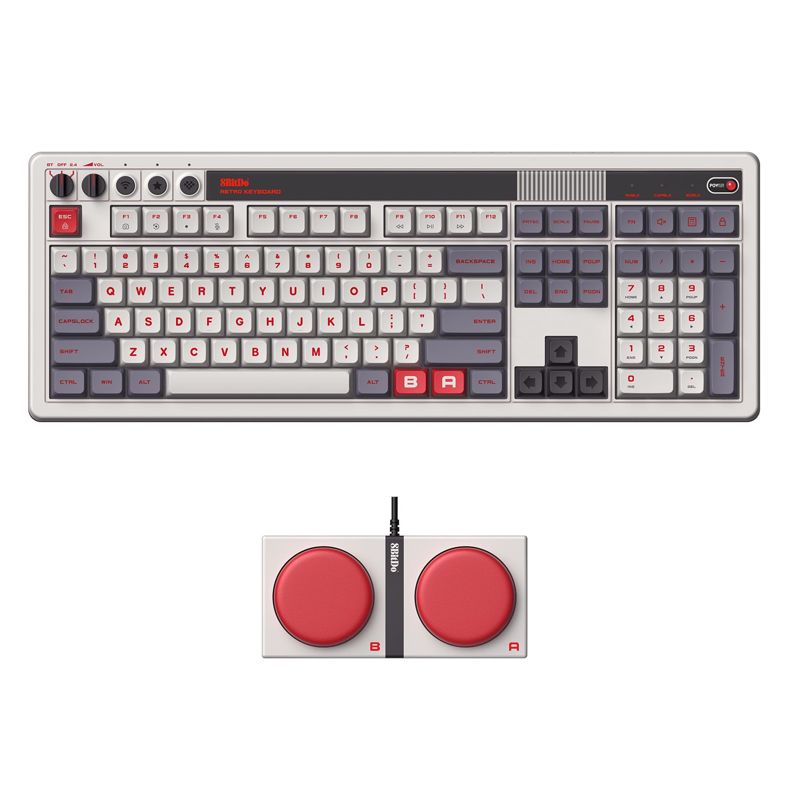 صفحه کلید مکانیکی ۱۰۸ کلیدی 8BitDo Retro 108 با پد عددی یکپارچه، بلوتوث/۲.۴G/رابط USB-C، صفحه کلید بی‌سیم قابل تعویض گیمینگ برای ویندوز و اندروید - نسخه N - صفحه کلید انگلیسی QWERTY