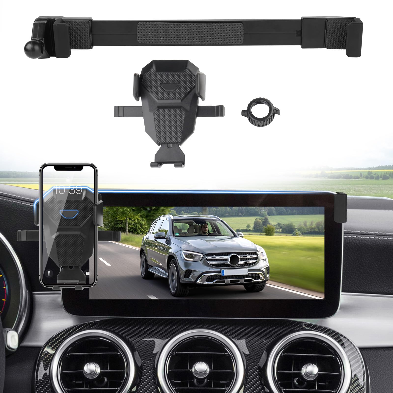 نگه‌دارنده موبایل خودرو Sunsdrew برای لوازم جانبی مرسدس بنز C-Class/GLC 2015-2022، نگهدارنده تلفن همراه C-Class قابل تنظیم برای صفحه 10.25 اینچی، ایستاده هوا با پایداری بی‌نهایت و بدون دست 15-22 C-Class/GLC 10.25 اینچی