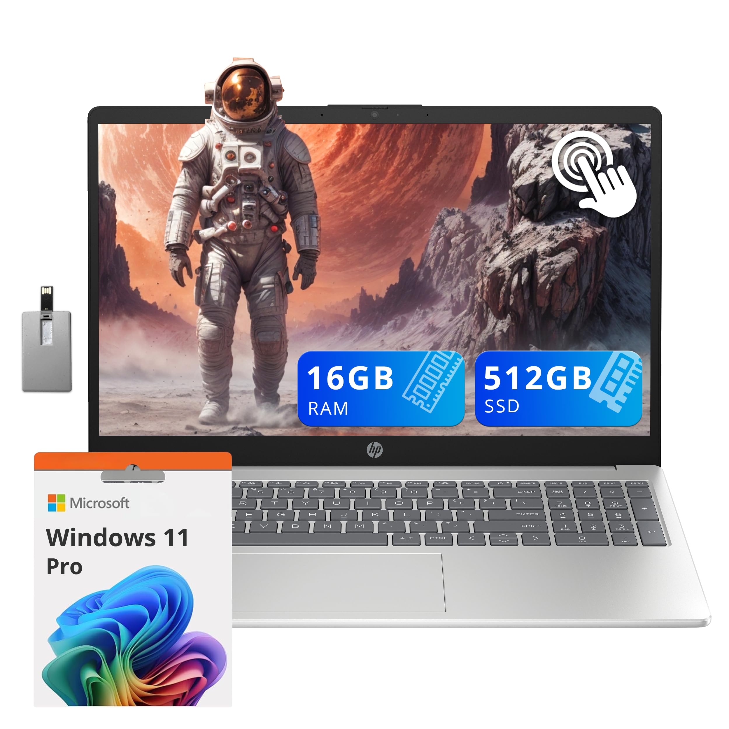 لپ‌تاپ تجاری لمسی اچ‌پی 15.6 اینچ HD، Intel i3-1215U، 16 گیگابایت رم DDR4، 512 گیگابایت حافظه داخلی SSD PCIe، گرافیک Intel UHD، کیبورد عددی، دوربین ۷۲۰p HD، ویندوز ۱۱ پرو، رنگ نقره‌ای، کارت Hotface USB ۳۲ گیگابایتی