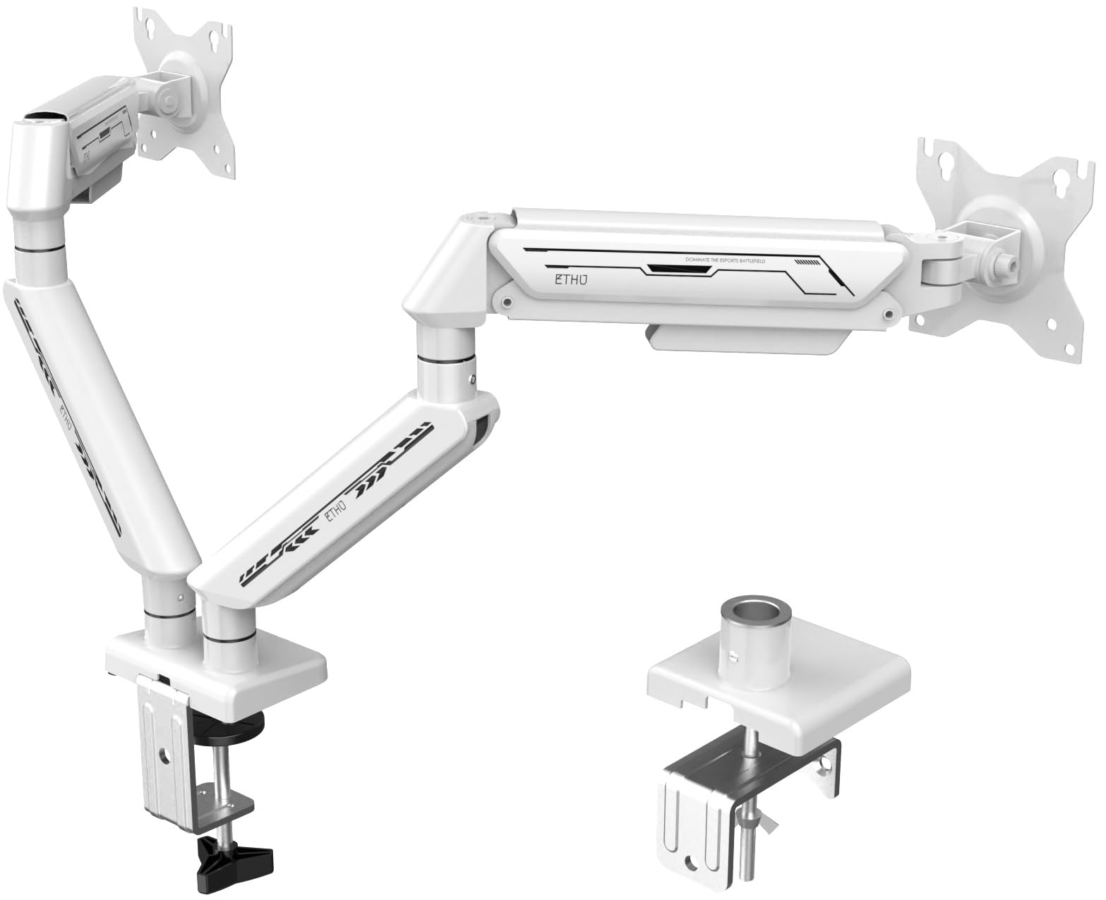 قابلیت تنظیم دوگانه تاشو Dual Monitor Arm ETHU، پشتیبانی از استند گازی قابل تنظیم برای مانیتورهای با اندازه ۱۳ تا ۳۲ اینچ و وزن تا ۹ کیلوگرم، نصب کامل مانیتورهای کامپیوتر، بازوی نمایش LED/LCD، الگوی VESA ۷۵x۷۵/۱۰۰x۱۰۰ Dual Arm سفید.