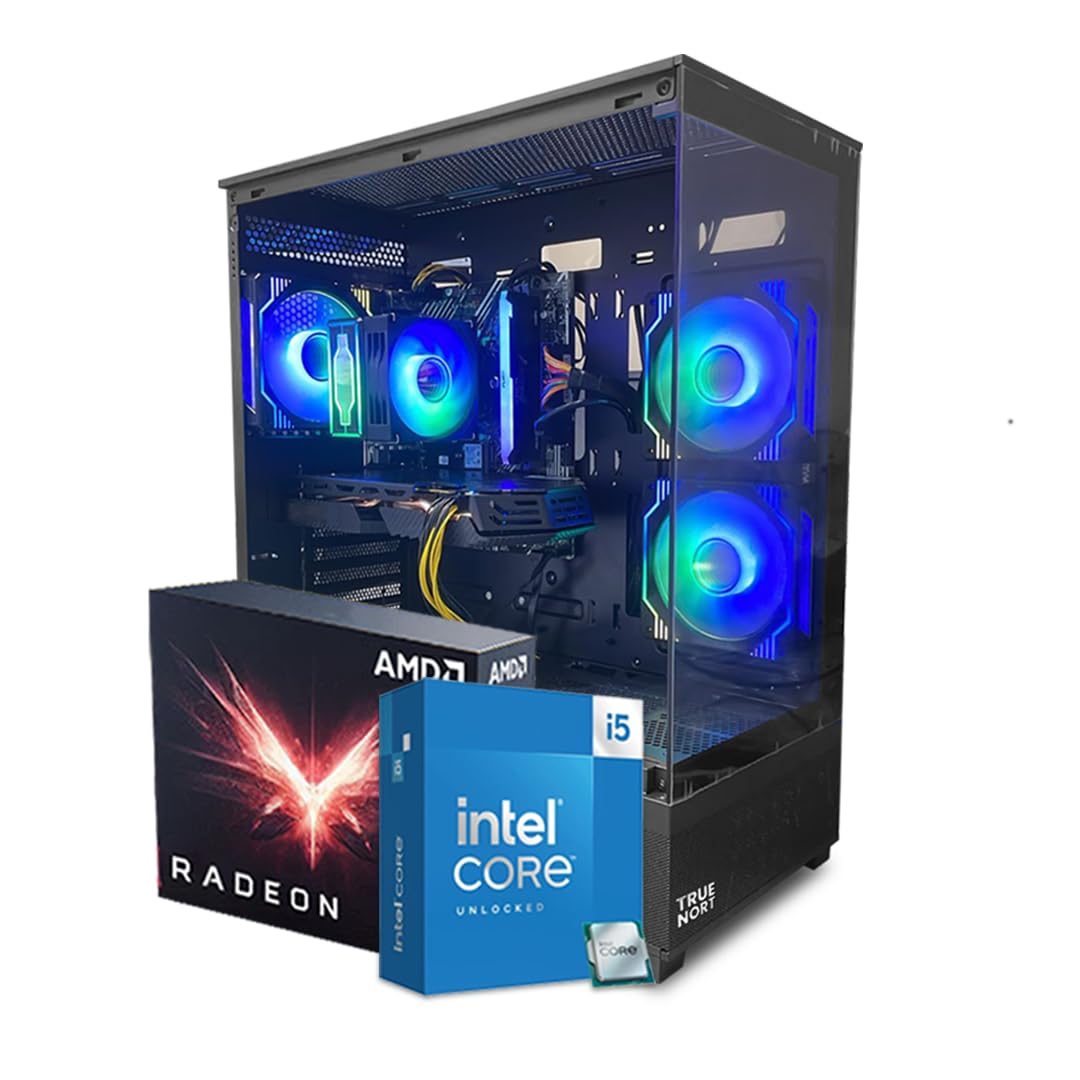 کامپیوتر بازی TrueNort Cyberstorm II با پردازنده Intel Core i5-11400F همراه با گرافیک AMD RX580S، 16GB RAM با فرکانس 3200MHz، حافظه داخلی 512GB Nvme SSD، ویندوز 11 Pro، مدل مشکی با نورپردازی RGB.