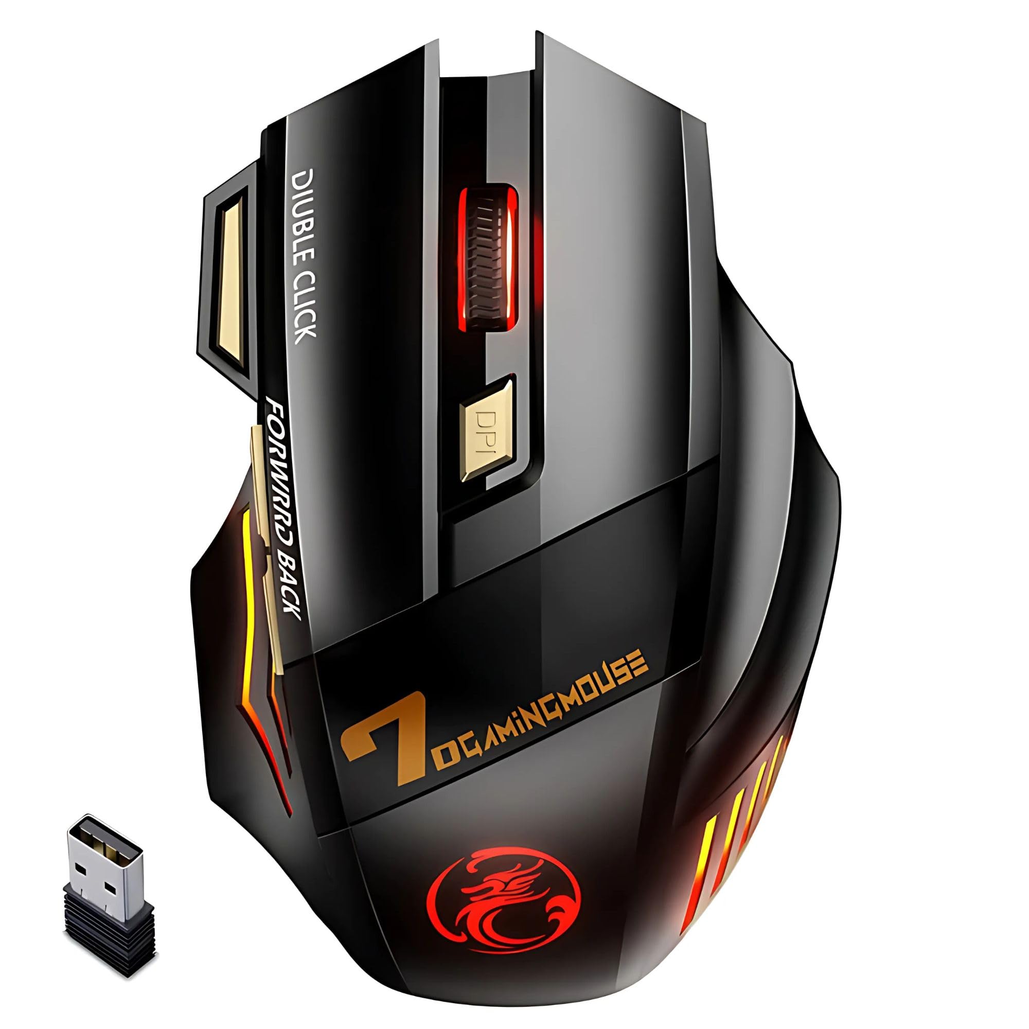 موشواره بازی بی‌سیم قابل شارژ - کلیک بی‌صدا، نور RGB رنگارنگ، حالت دوگانه (بلوتوث 5.1 + USB 2.4G)، باتری 25 ساعته، طراحی ارگونومیک، DPI قابل تنظیم (3200)، برای کامپیوتر، لپتاپ، مک، آی‌او‌اس و اندروید