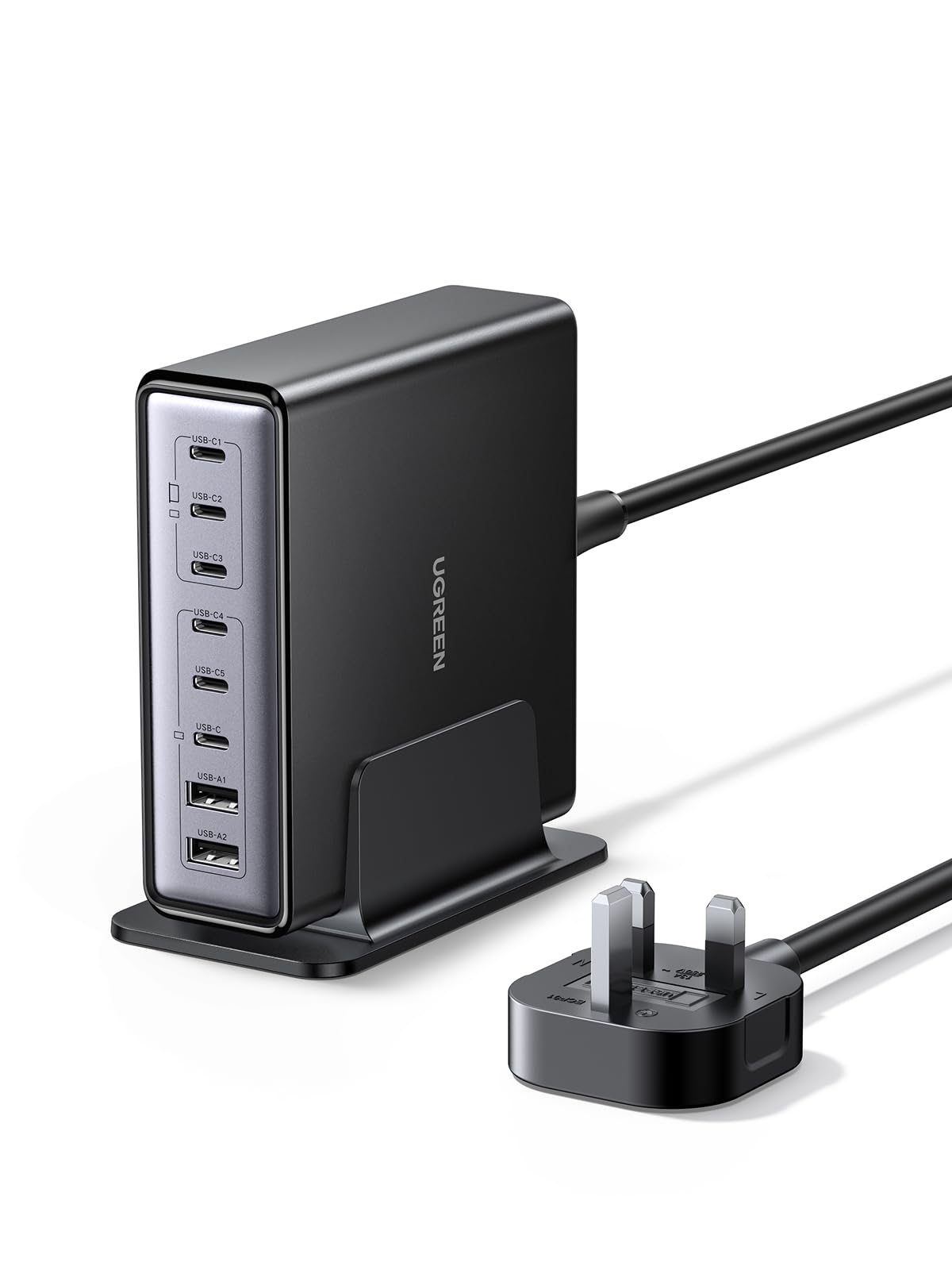 استیشن شارژ UGREEN Nexode 200 وات 8 پورت USB C، آداپتور شارژ سریع GaN با چندین حفاظت، شارژر صفحه نمایش رومیزی پایدار برای MacBook Pro / لپ تاپ / iPhone 16 / Samsung S25 / S24 (کابل پلاگ انگلیسی 2 متری)