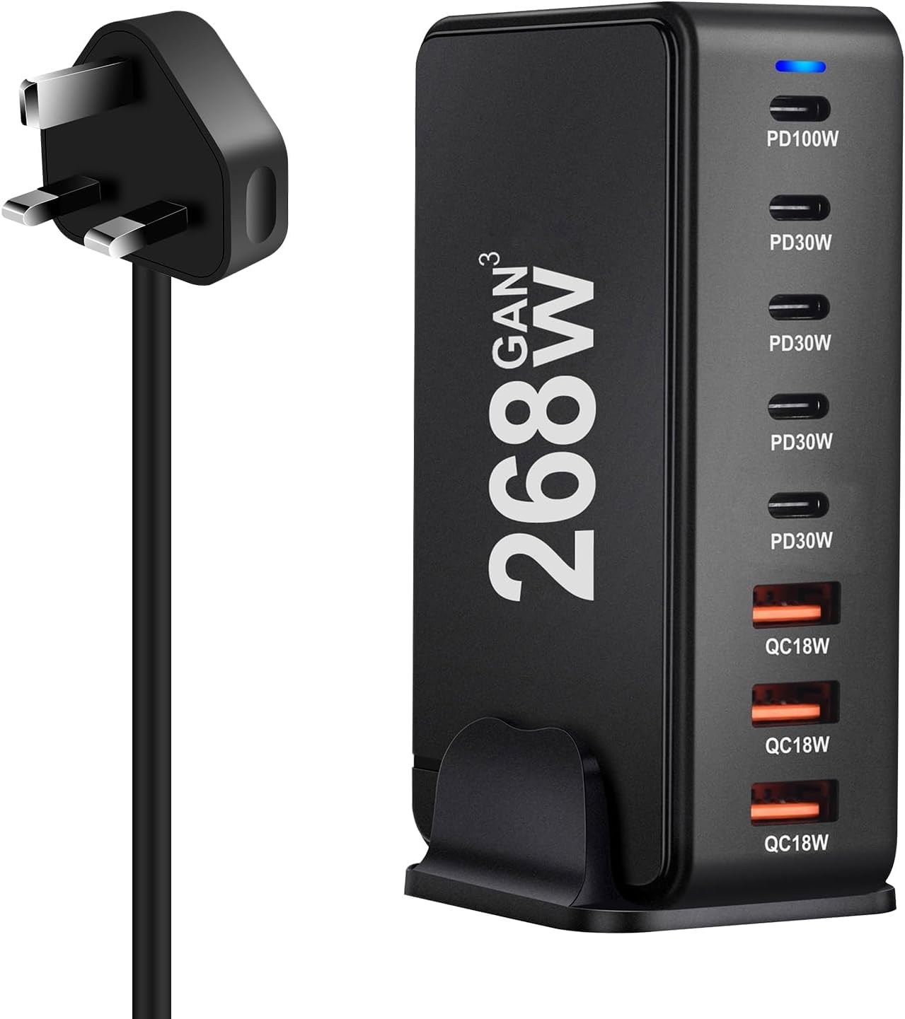 شارژر 268 وات USB C ، ایستگاه شارژر 8 پورت GaN ، آداپتور بانک انرژی PD 100 وات USB C ، ایستگاه تغذیه قابل حمل برای مک بوک ، گلکسی ، آیپد ، لپ تاپ ها و پاور بانک (مشکی)