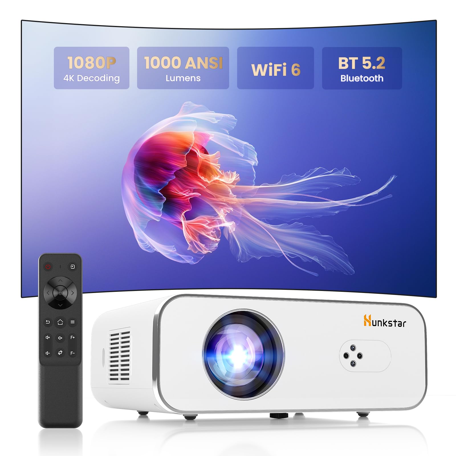 پروژکتور HUNKSTAR Mini، پشتیبانی از 4K با وای فای 6 و بلوتوث 5.2، پروژکتور قابل حمل HD1080P با فوکوس خودکار، مناسب برای تجمع‌های خانوادگی، جشنواره‌های مختلف (سفید)