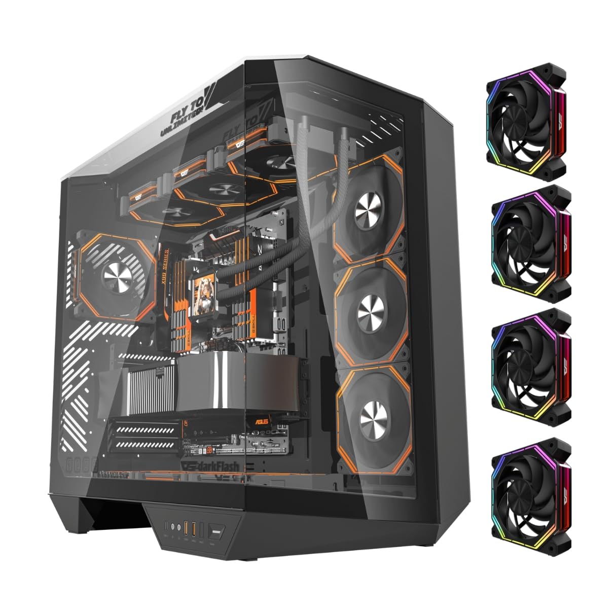 کیس بازی Darkflash DY470 ATX/MATX/ITX با سه لایه شیشه، همراه با ۴ فن ARGB 120 میلی‌متری و دارای نگه‌دارنده GPU، طراحی سه لایه شیشه، پشتیبانی از رادیاتورهای ۳۶۰ میلی‌متر، پورت USB Type-C، سازگار با ۱۰ فن ۱۲۰ میلی‌متری.