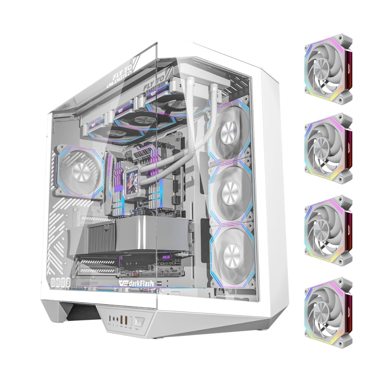 کیس بازی کامپیوتر Darkflash DY470 ATX/MATX/ITX با سه لایه شیشه‌ای و 4 فن 120 میلی‌متری ARGB و حامی GPU، طراحی سه لایه شیشه، پشتیبانی از رادیاتور‌های 360 میلی‌متر، پورت USB Type-C، سازگار با 10 عدد فن 120 میلی‌متری (سفید)