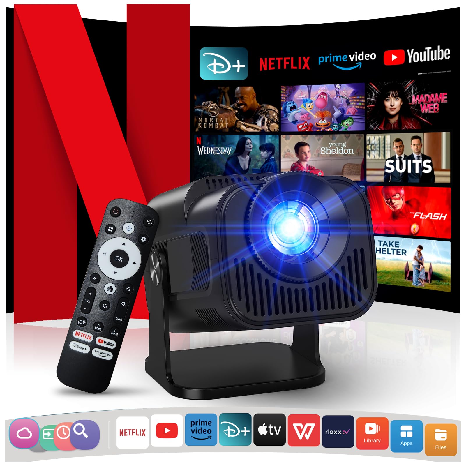 پروژکتور 4K رسمی Netflix با صدای Dolby و وای فای و بلوتوث، پروژکتور قابل حمل Mini Native 1080P، استفاده یک کلیکه با نتفلیکس / یوتیوب/ پرایم‌ویدیو / دیزنی+ ساخته شده، پروژکتور هوشمند خانه هوشمند، مشکی