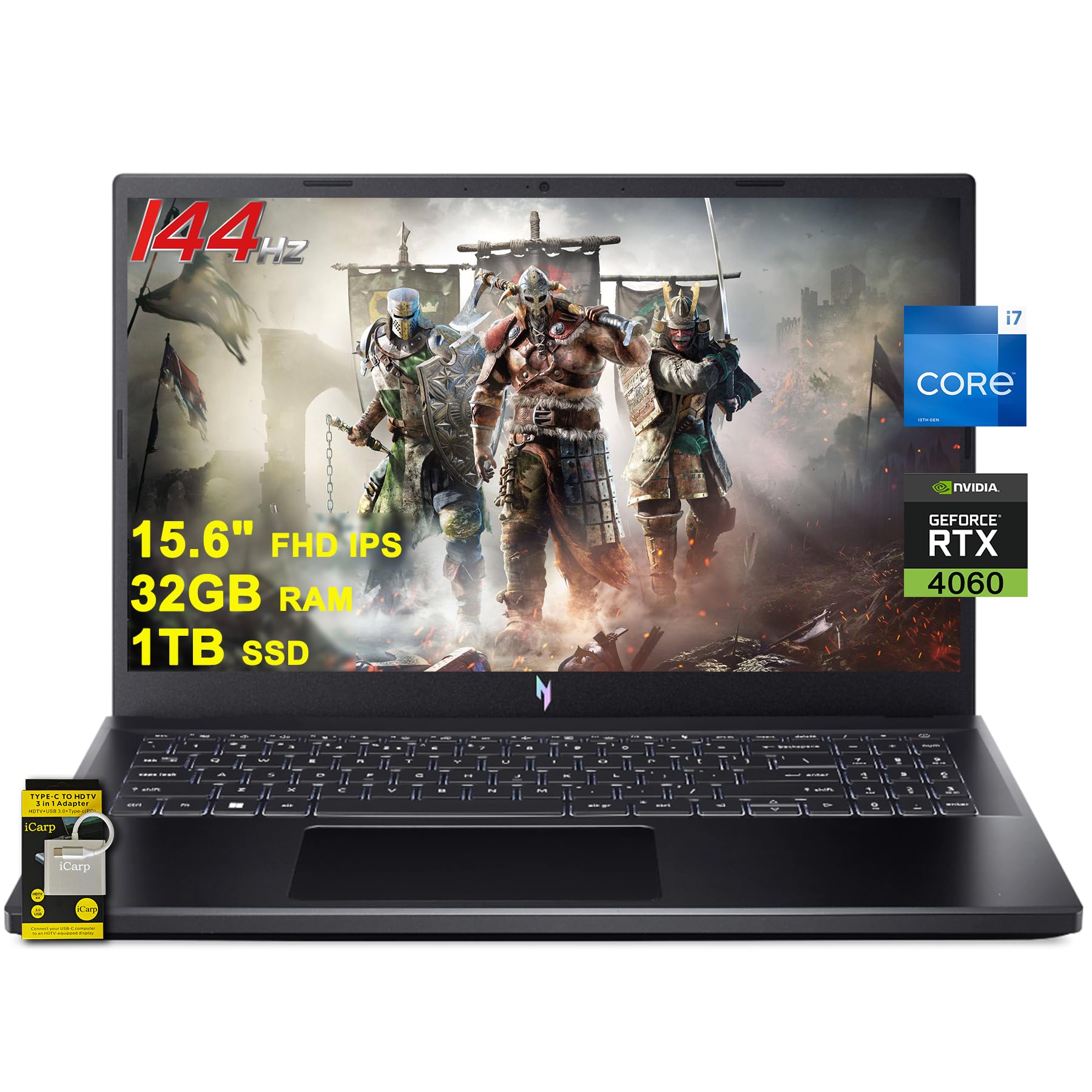 لپ تاپ بازی ایسر Nitro V 15 اینچی با صفحه نمایش FHD IPS 144Hz اینتل 10 هسته ای i7-13620H با 32 گیگابایت رم، 1 ترابایت حافظه داخلی SSD، کارت گرافیک GeForce RTX 4060، پورت USB-C، ویندوز 11 با نور پسزمینه و لوازم جانبی ICP.