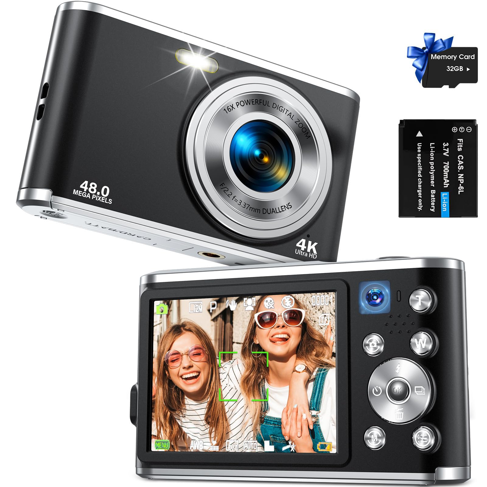 دوربین ولاگینگ دیجیتال اتوفوکوس FHD 4K با زوم دوتایی 48 مگاپیکسلی و 16 برابر، کارت حافظه ۳۲ گیگابایتی - قابل حمل برای نوجوانان، مبتدیان، بزرگسالان - رنگ مشکی