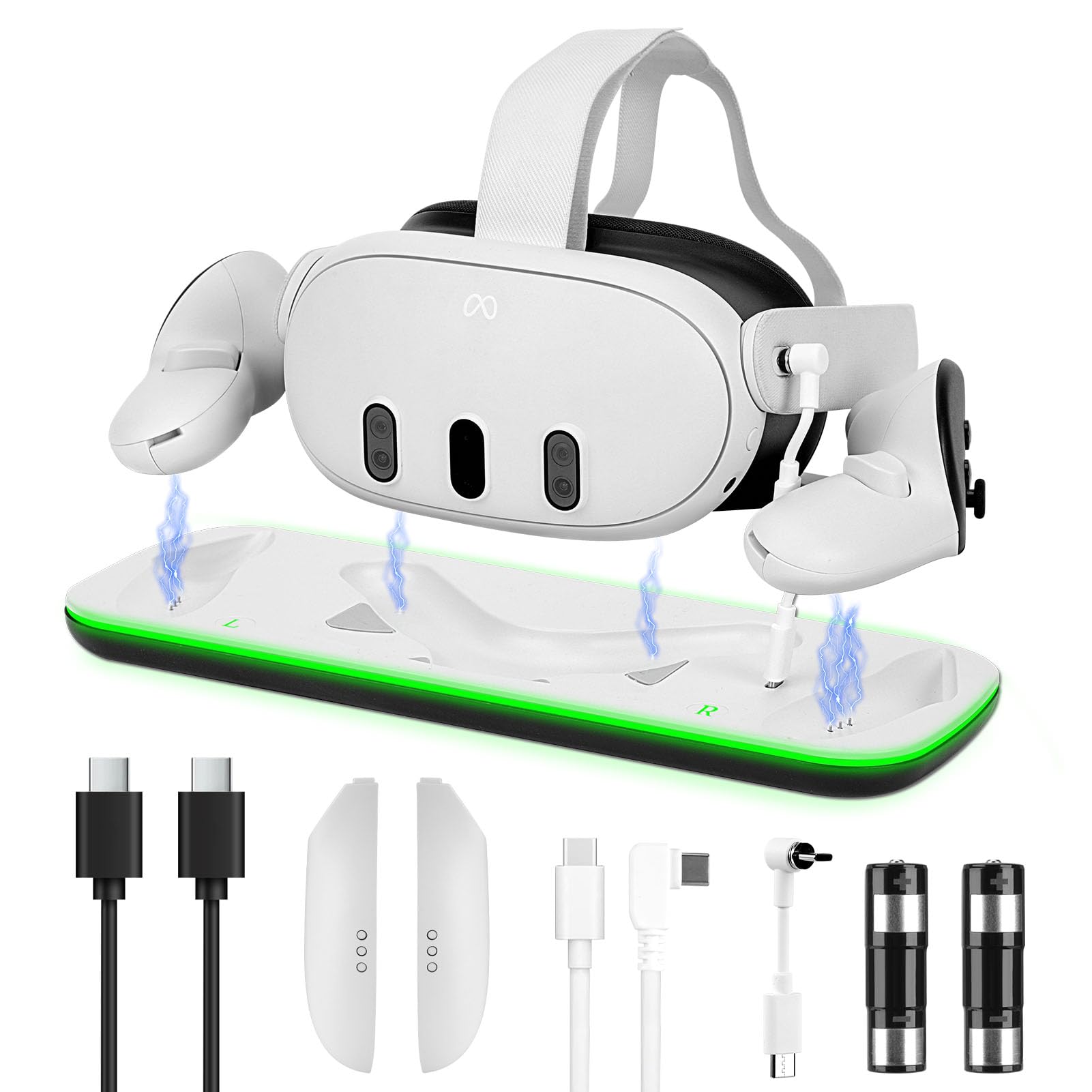 داک شارژینگ Helmsyde برای متا کوئست 3S/کوئست 3، ایستگاه شارژ سریع با نشانگر LED، داک شارژ مغناطیسی برای هدست و کنترلرهای واقعیت مجازی، همراه با 2 باتری قابل شارژ