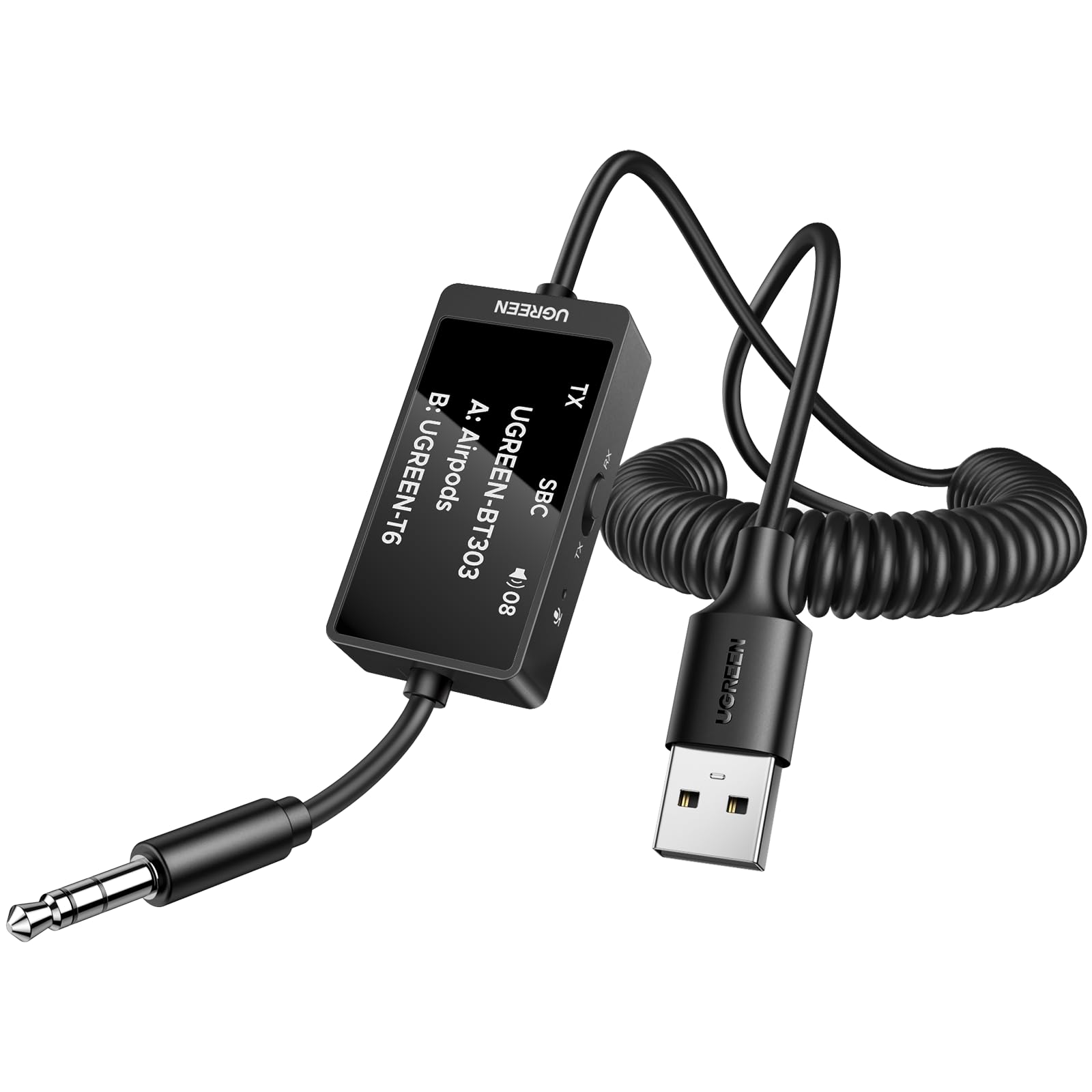 فرستنده و گیرنده بلوتوث UGREEN 5.4، آداپتور صوتی دوگانه 3.5 میلی‌متری با میکروفون داخلی برای تماس‌های آزاد، آداپتور بلوتوث بی‌سیم 2 در 1 سازگار با اسپیکرهای خودرو و استریو خانگی