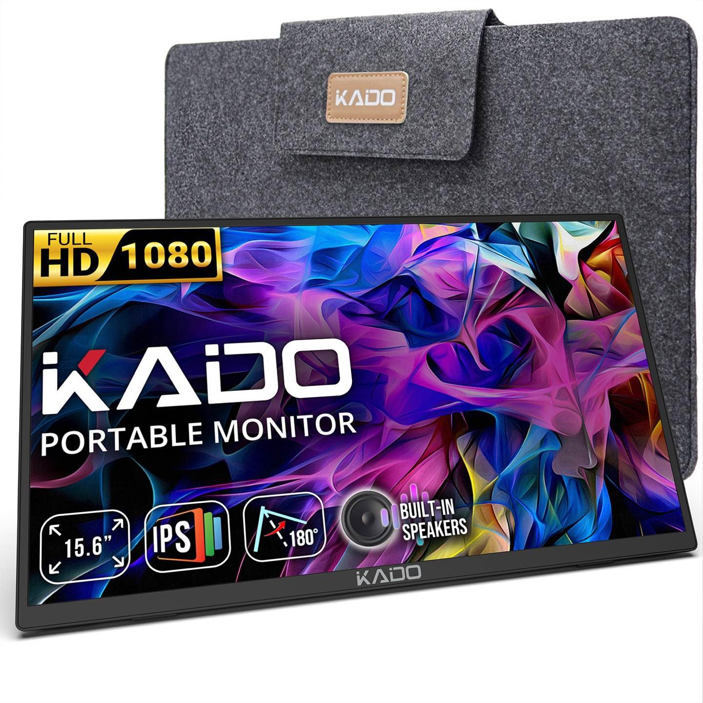 ترجمه: مانیتور قابل حمل Kado 15.6 اینچ با رزولوشن FHD 1080P، پورت USB-C HDMI، صفحه IPS باریک، بلندگوهای داخلی، مانیتور خارجی با امکان نصب 180 درجه روی دیوار/برایانه قابل نصب بر روی دیوار/بازو برای لپتاپ، کامپیوتر شخصی، تلفن، مک، ایکس باکس، پلی‌استیشن ۴/۵ و استند FHD VESA 100 x 100 میلی‌متر 15.6 اینچ