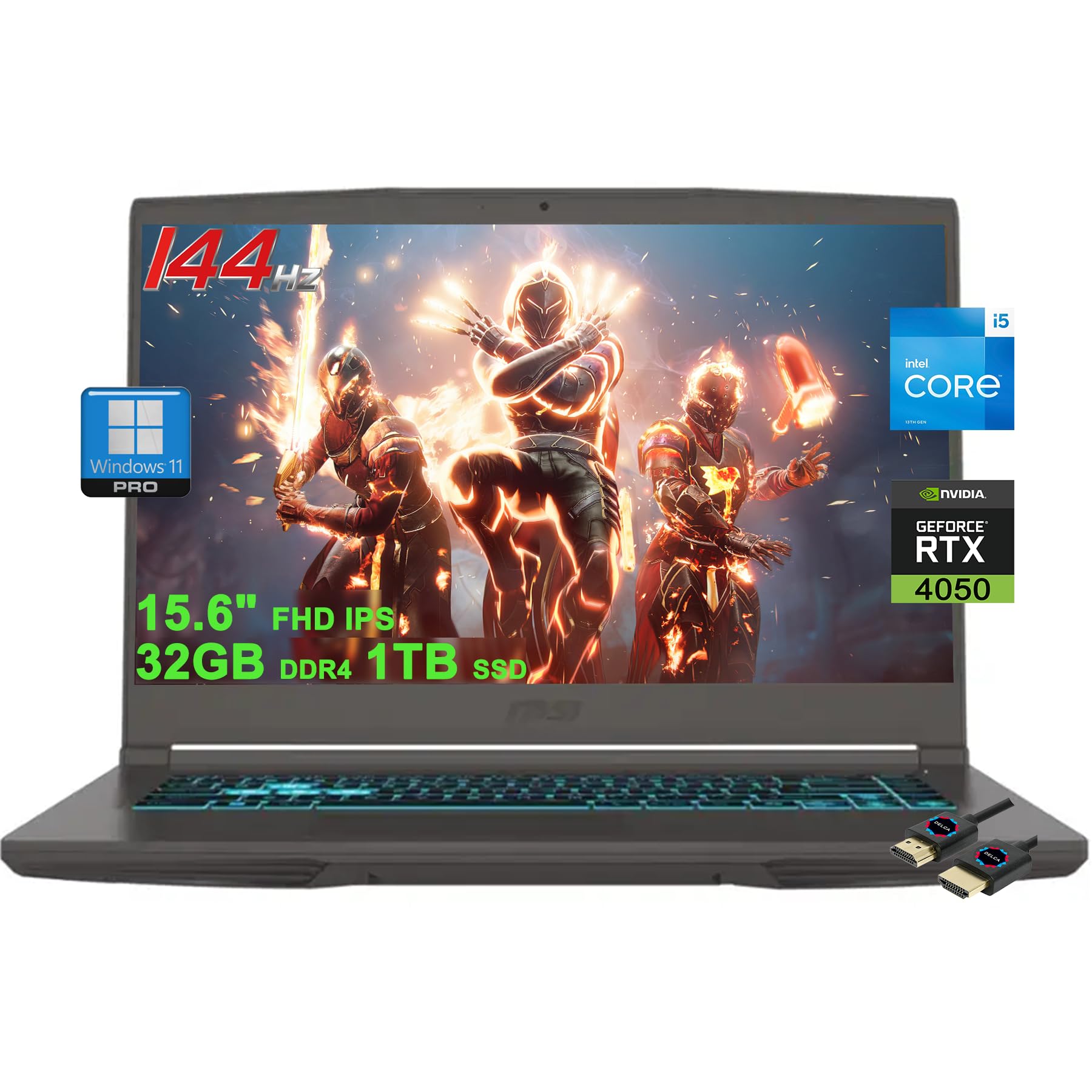 لپ تاپ بازی MSI Thin 15 | صفحه نمایش 15.6 اینچ FHD IPS 144Hz | پردازنده اینتل هشت هسته ای i5-13420H (> i7-11800H) | 32GB DDR4 1TB SSD | گرافیک GeForce RTX 4050 | پورت USB-C با نور پس زمینه Win11Pro با لوازم جانبی DLCA 32GB DDR4 | 1TB SSD i5-13420H و RTX 4050