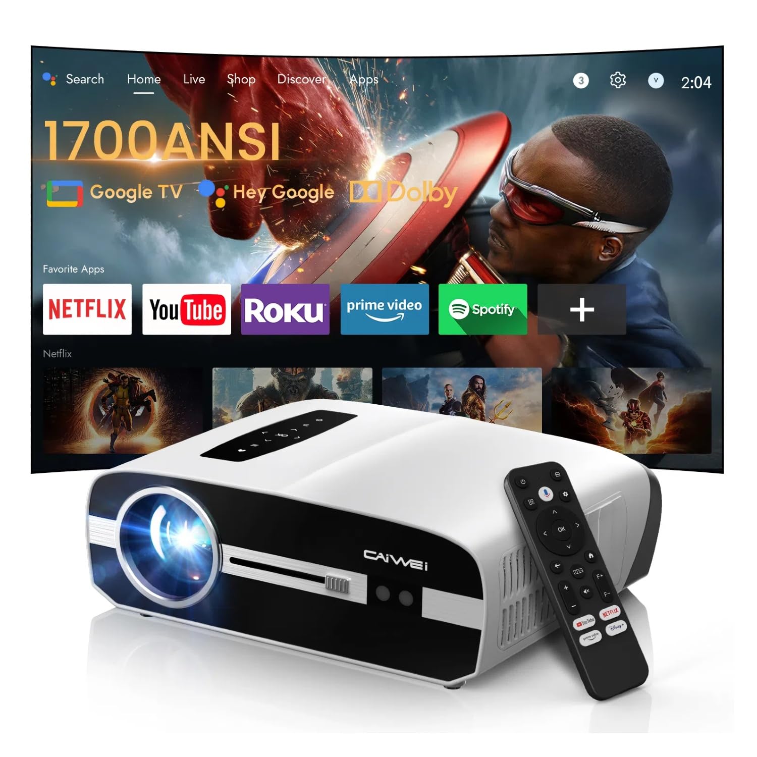 با برنامه‌های استریمینگ، وای فای 6 ان اف سی، پروژکتور سینمای خانگی Ultra HD، دیلایت 1000ANSI، اندروید تی وی بلوتوث LAN HDMI USB برای آیفون/کامپیوتر شخصی/دفتر کار/پروژکتور بیرونی سفید
