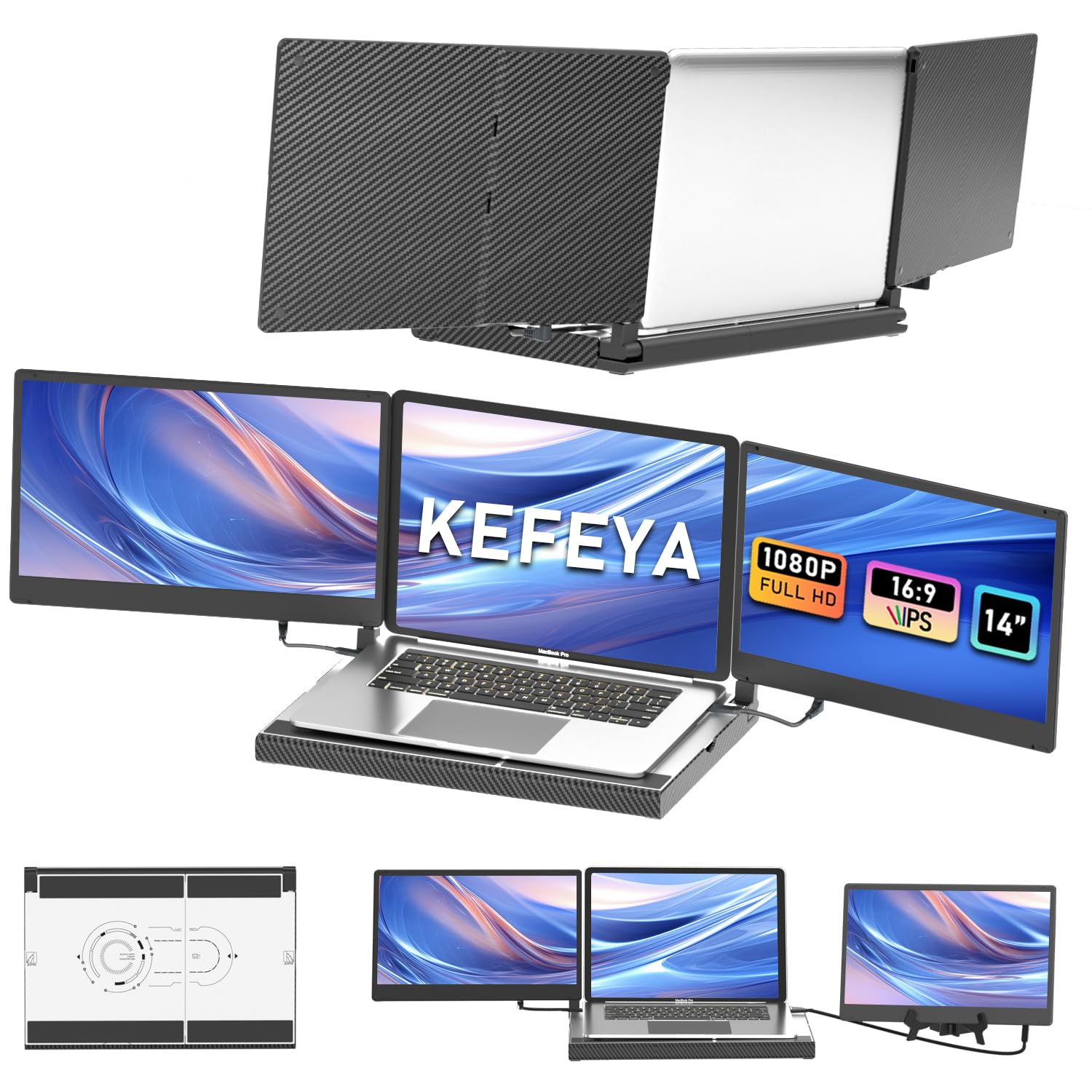 KEFEYA Triple Monitor Extender for Laptop 14 Inch with Metal Base, 360° Rotation 1080P Portable Display Extender for 12-17.3 Inch Laptops, Compatibility for 14'' 
کفیا گسترش دهنده مانیتور سه‌گانه برای لپ تاپ 14 اینچی با پایه فلزی، چرخش 360 درجه وضوح 1080P گسترش دهنده نمایشگر قابل حمل برای لپ تاپ‌های 12-17.3 اینچی، سازگاری برای 14 اینچ