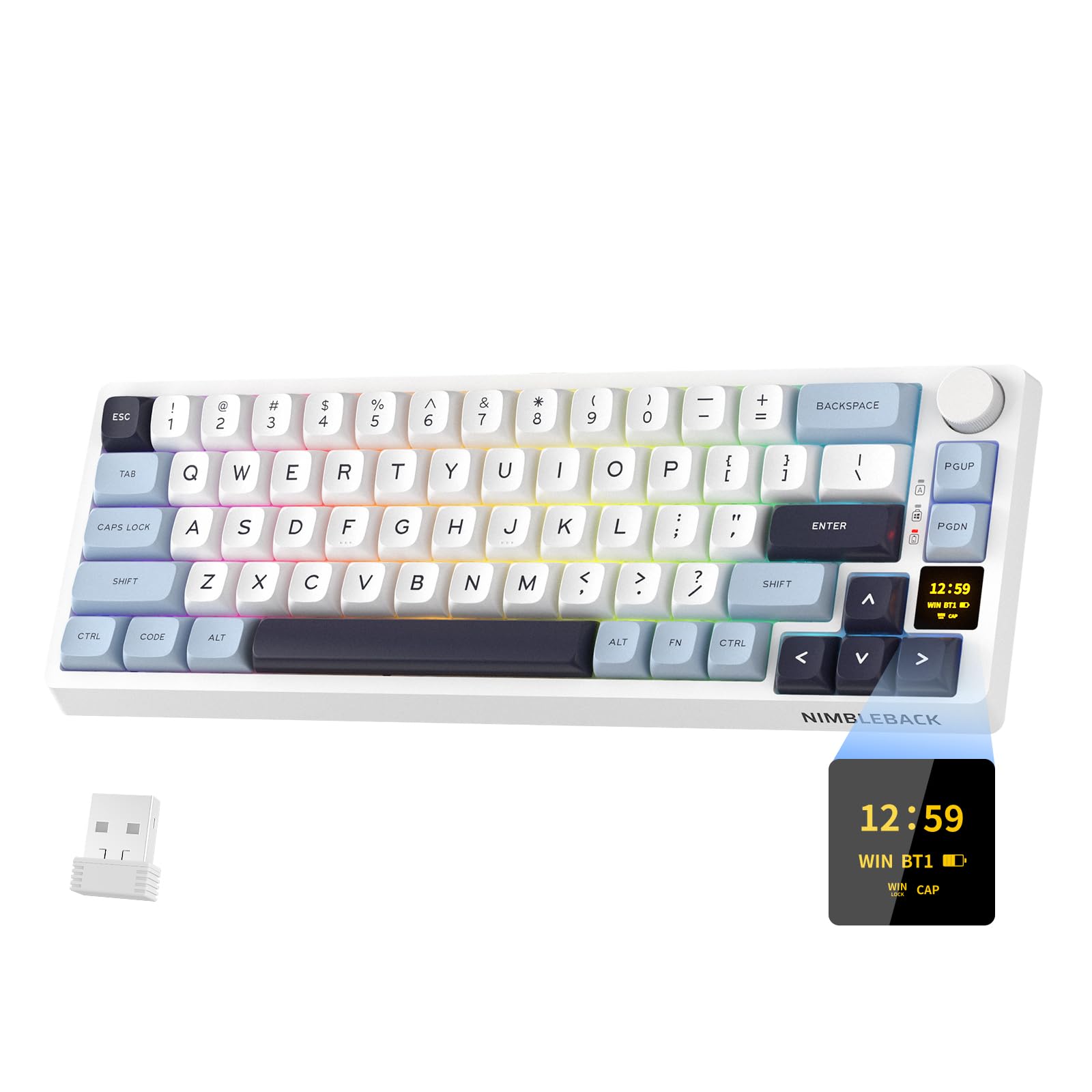 کیبورد مکانیکال بی‌سیم ۶۵٪ LTC Nimbleback NB682 PRO با صفحه نمایش و دیسکرتور، اتصال ۲.۴G/BT/USB-C، ۶۸ کلید، کیبورد بازی با نور پس‌زمینه RGB، لایه‌ی مهار‌کننده پنج‌لایه، PCB قابل تعویض، پشتیبانی از نرم‌افزار، سوئیچ خطی سفید، آبی و مشکی