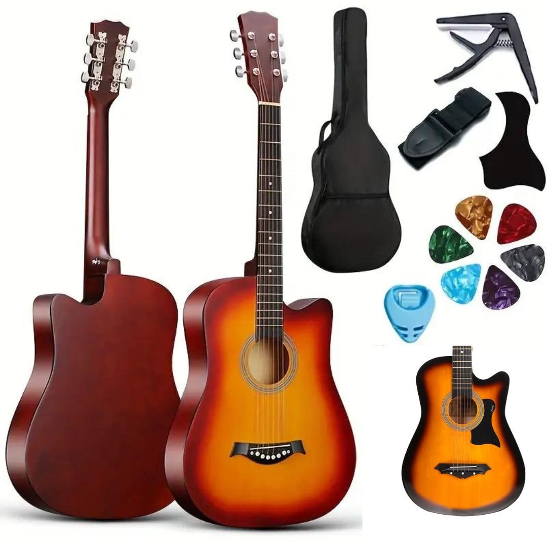 MegArya Glossy Acoustic Guitar 38 Inch Beginner Combo With Bag, Capo, Picks, Pick Guard, Pick Holder And Strap (Sunburst)